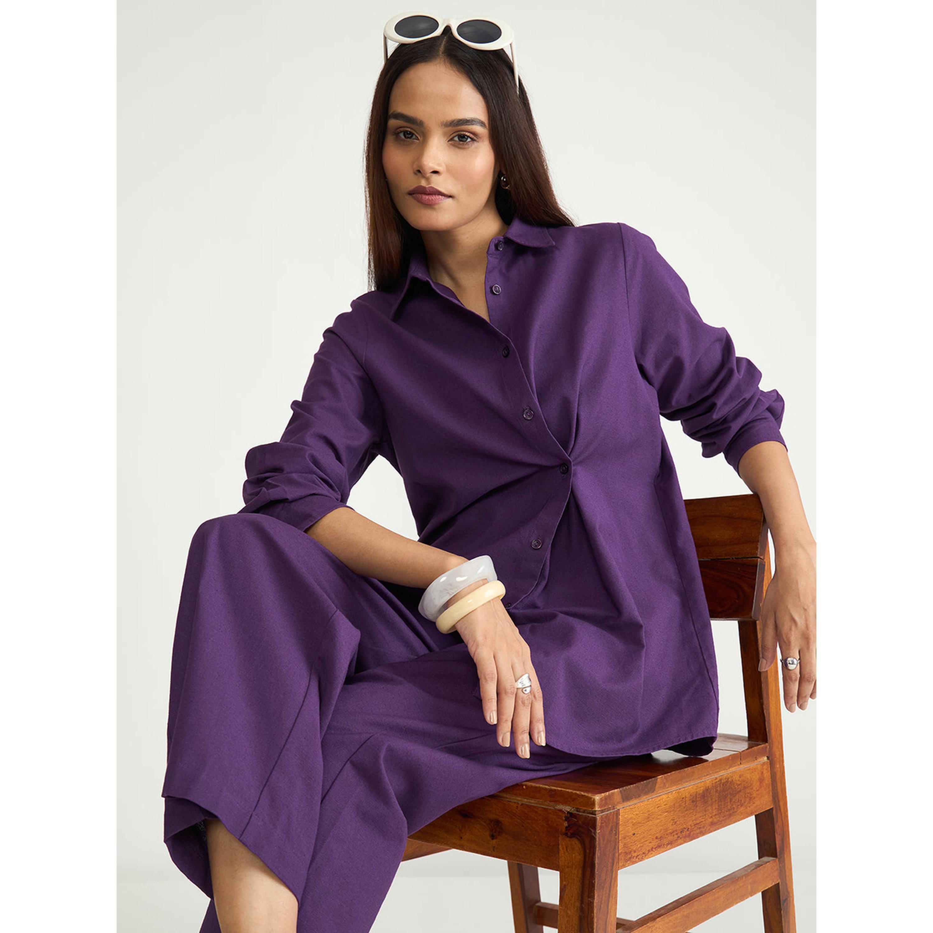 فيميلا × ستايلي - بنطال واسع الساقين بلون بنفسجي سادة مع تفاصيل جيوب-women-clothing-joggers-image-6