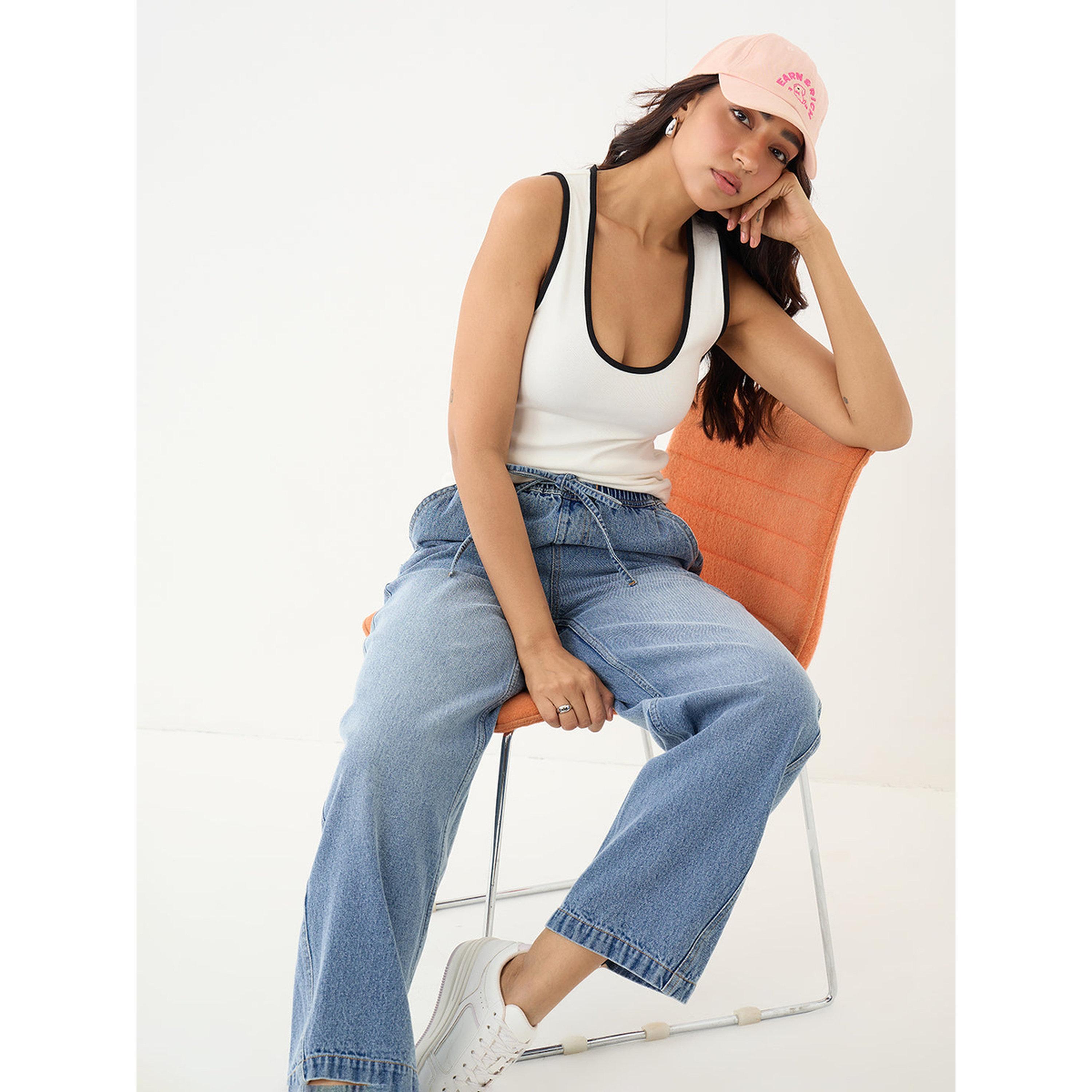 Femmella X Styli Light Blue Mid-Rise Straight-Leg Drawstring Jeans-women-clothing-jeans-image-6
