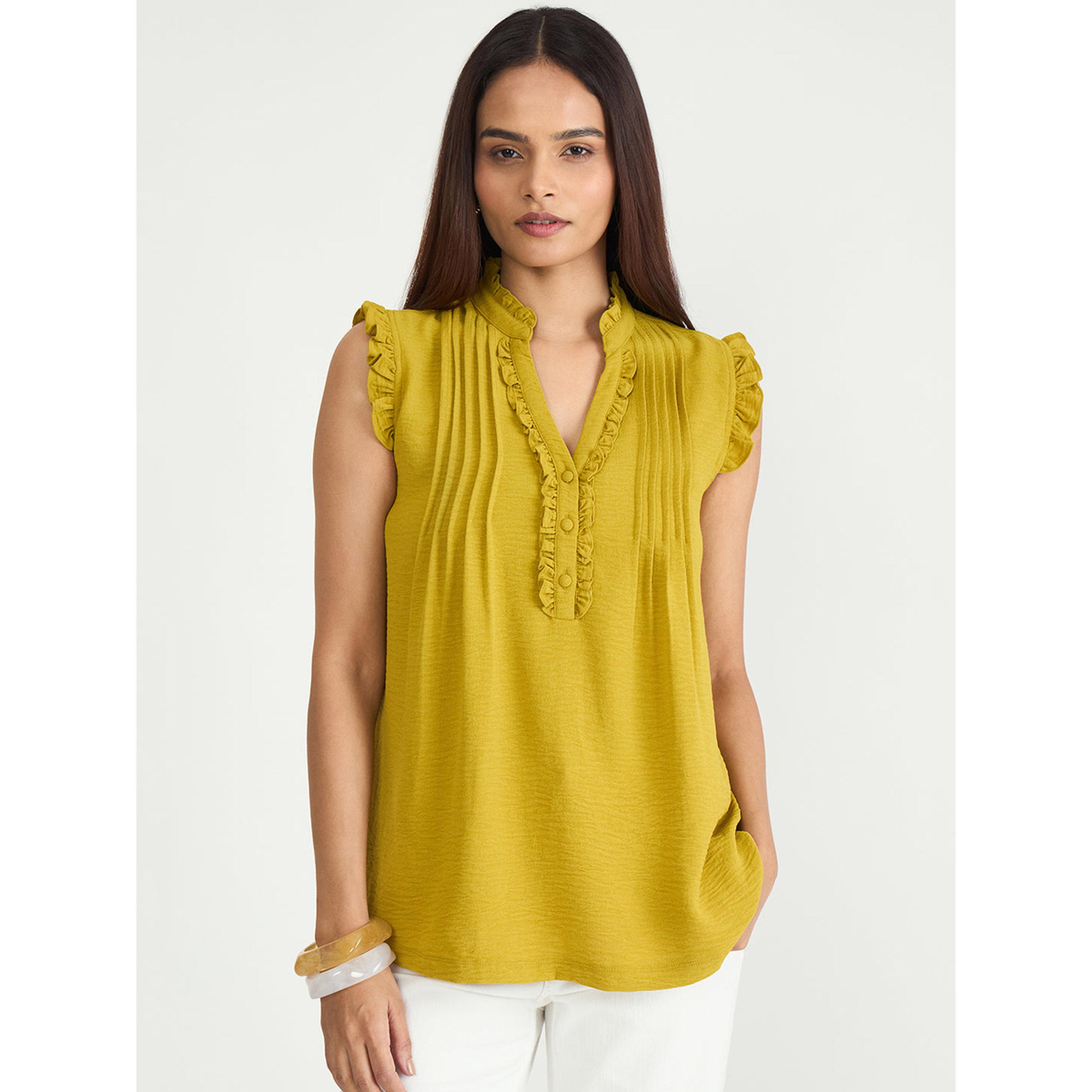 فيميلا × ستايلي - بلوزة بدون أكمام بلون الخردل مع ثنيات دقيقة-women-clothing-shirtsandblouses-blouses-image-1