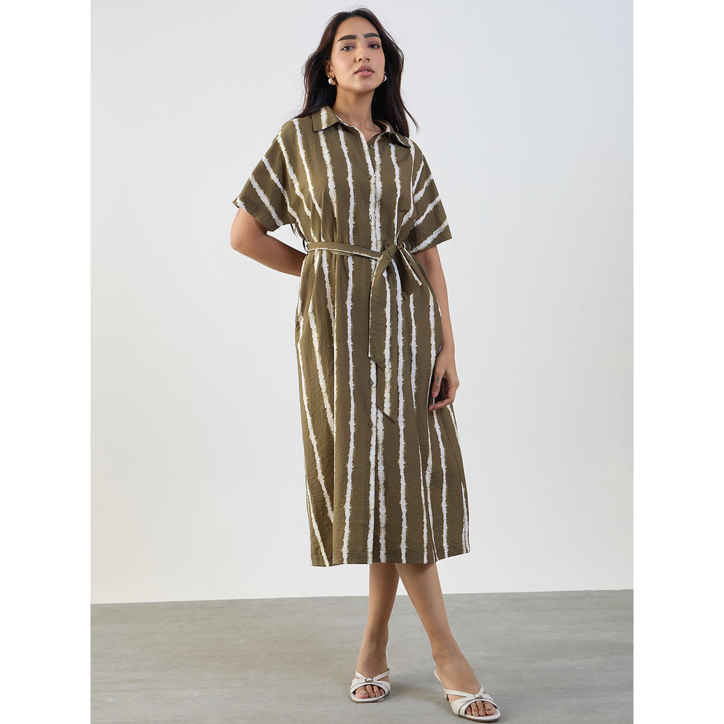 فيميلا × ستايلي - فستان متوسط الطول مخطط باللون الأخضر مع حزام-women-clothing-dresses-image-1