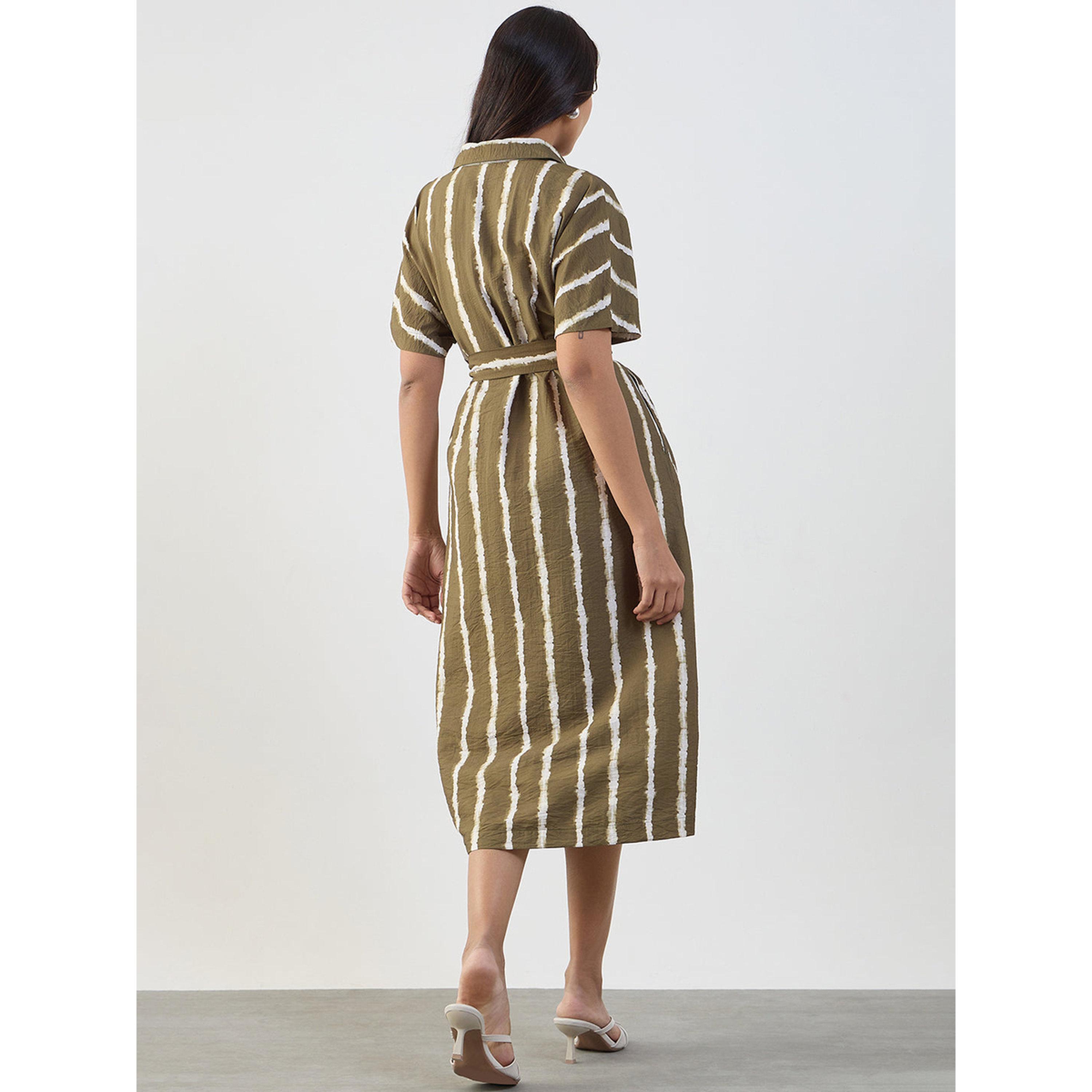 فيميلا × ستايلي - فستان متوسط الطول مخطط باللون الأخضر مع حزام-women-clothing-dresses-image-2