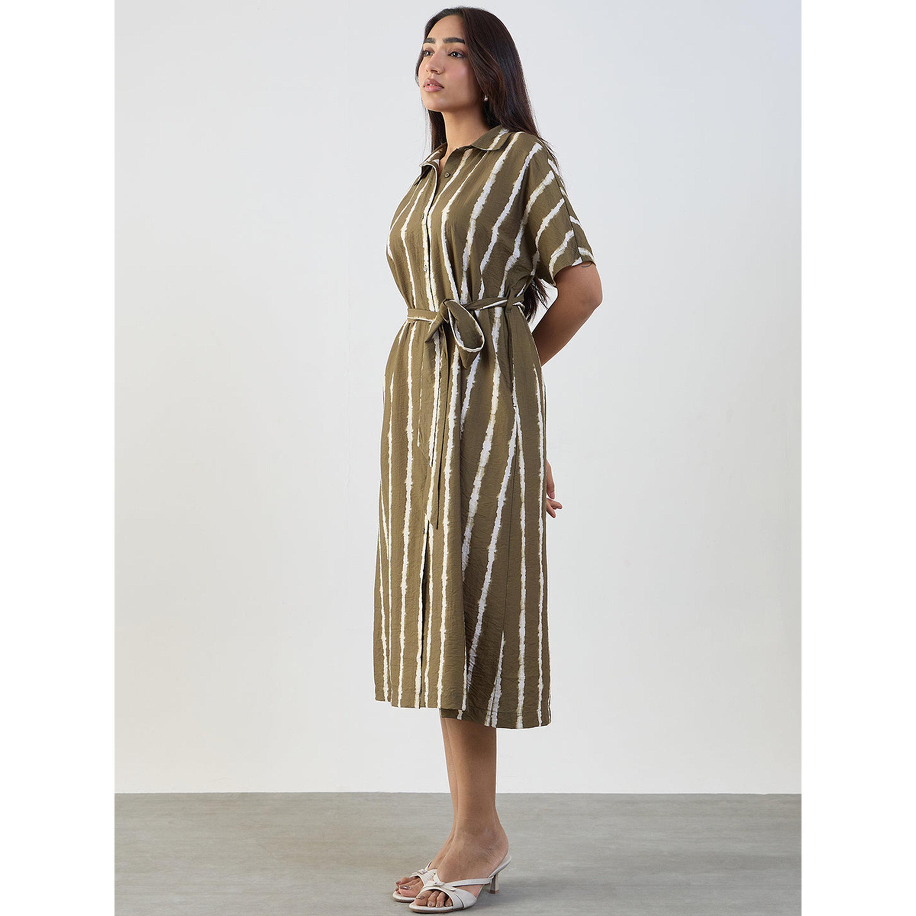 فيميلا × ستايلي - فستان متوسط الطول مخطط باللون الأخضر مع حزام-women-clothing-dresses-image-3