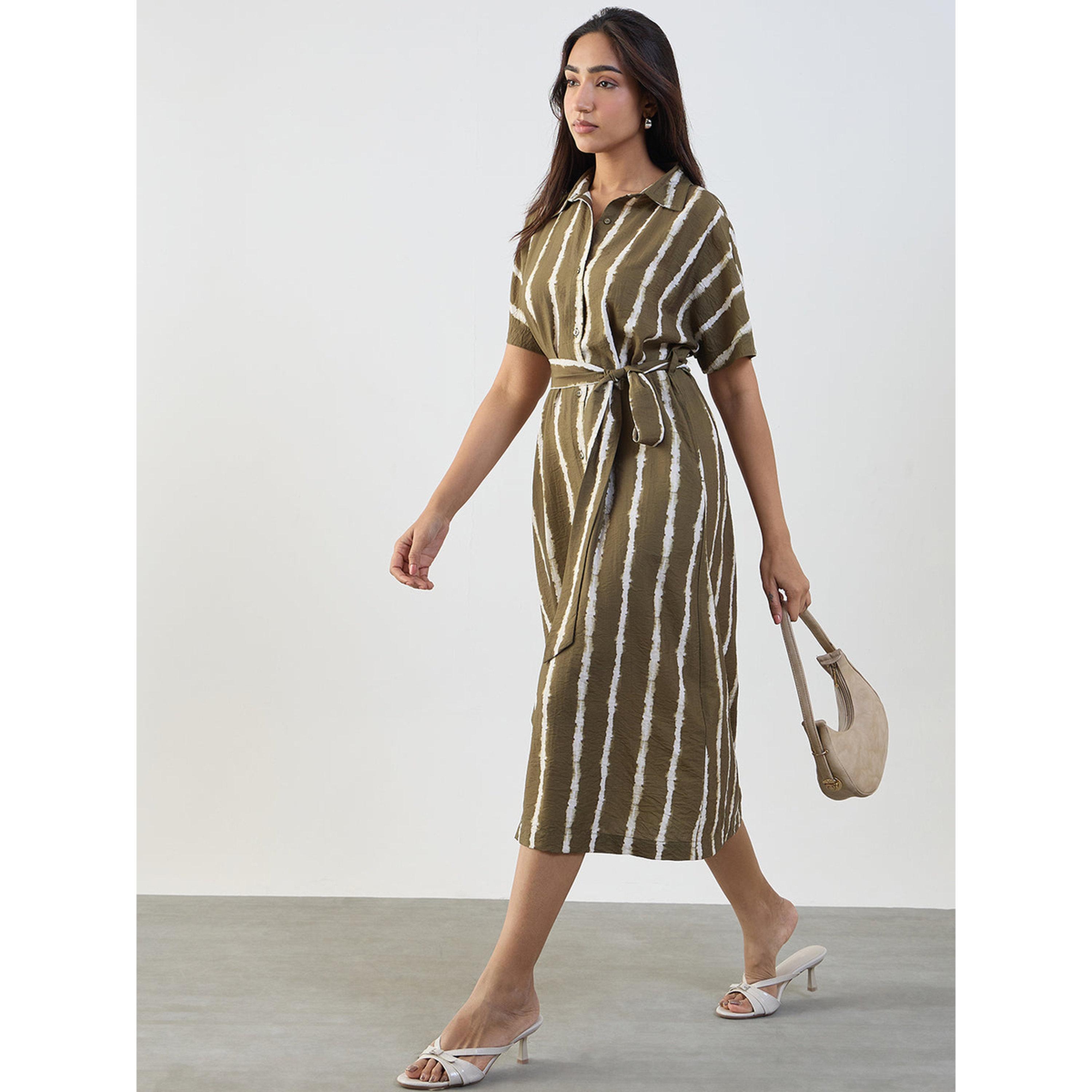 فيميلا × ستايلي - فستان متوسط الطول مخطط باللون الأخضر مع حزام-women-clothing-dresses-image-4