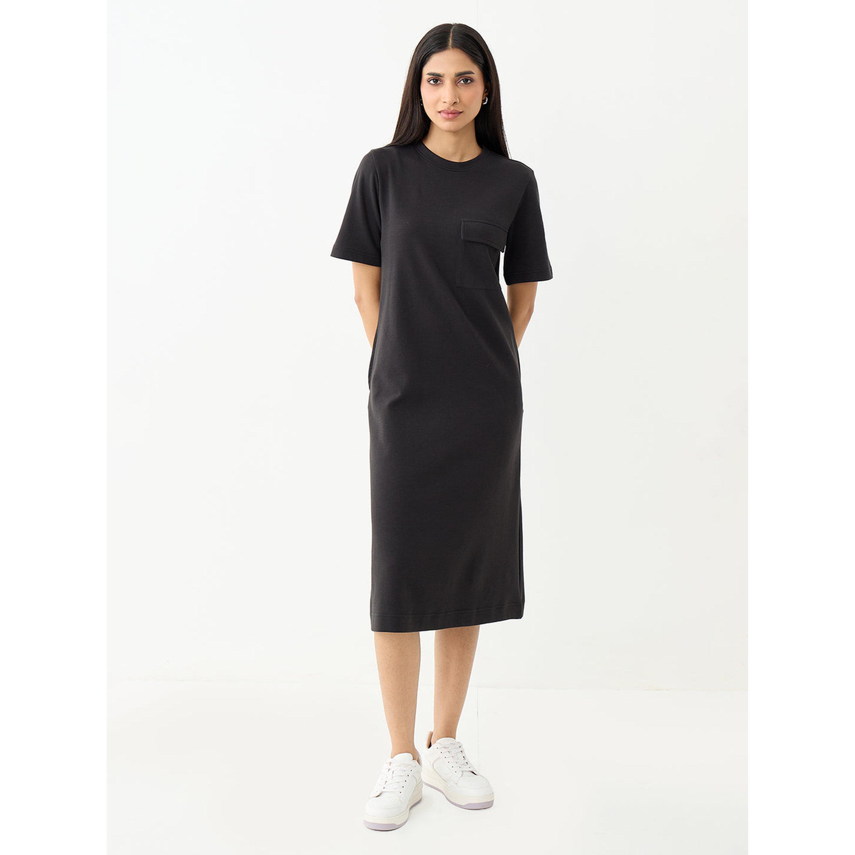 Femmella X Styli Black Short Sleeve Midi A-Line Dress-women-clothing-dresses-image-1