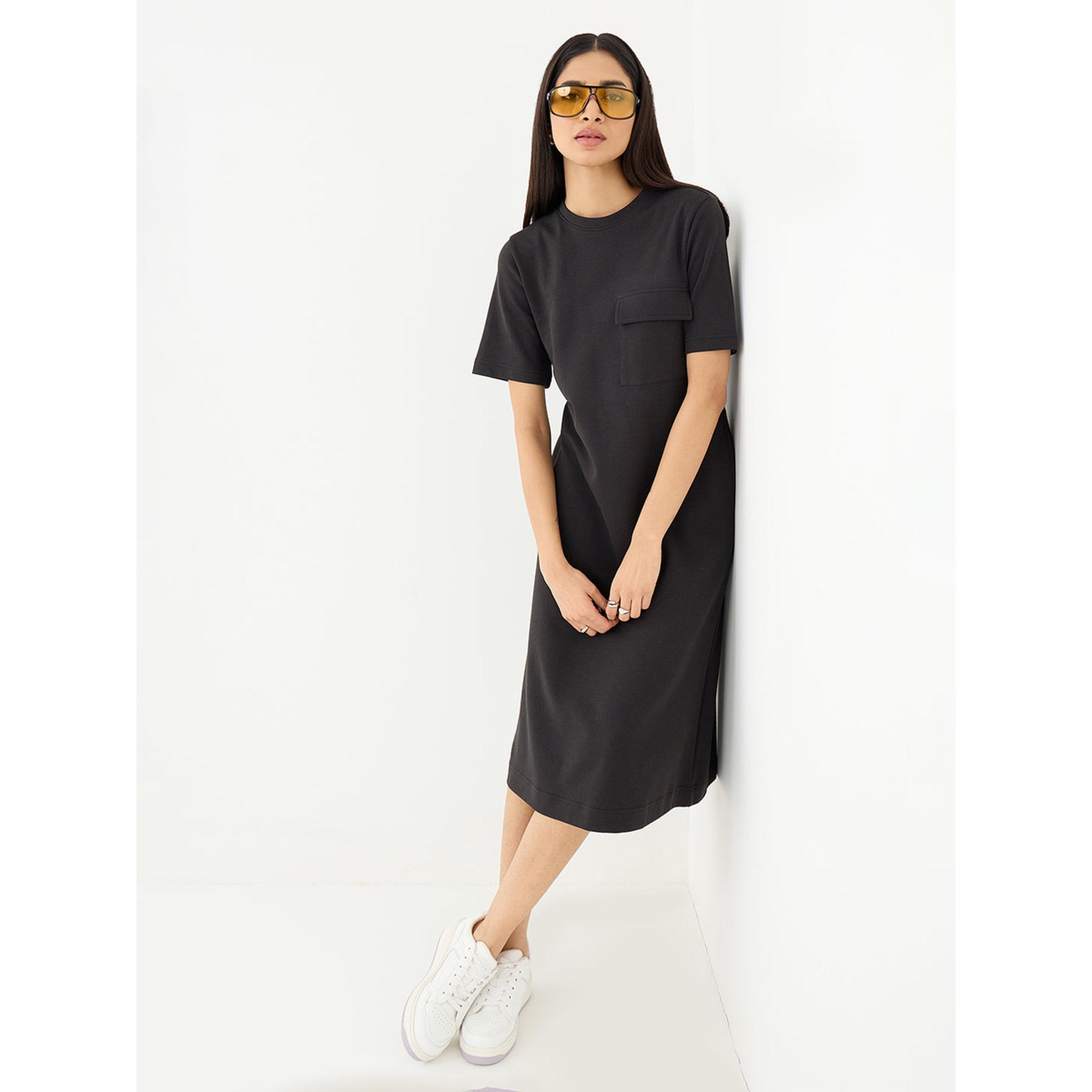 Femmella X Styli Black Short Sleeve Midi A-Line Dress-women-clothing-dresses-image-3