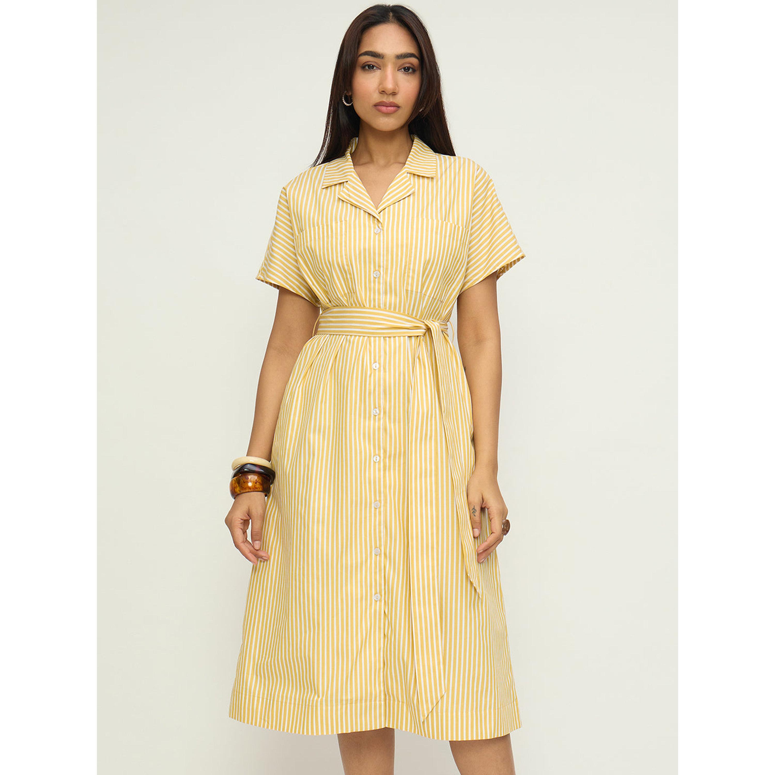 فيميلا × ستايلي - فستان متوسط الطول أصفر مخطط بأزرار-women-clothing-dresses-image-1