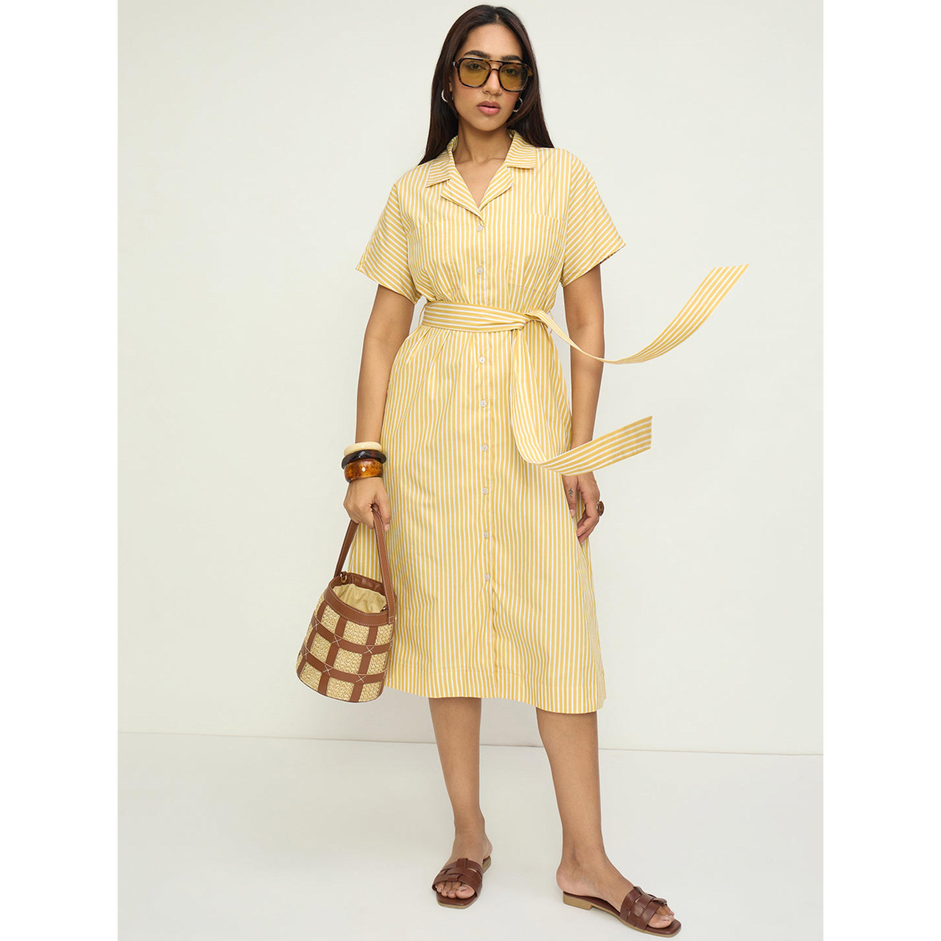 فيميلا × ستايلي - فستان متوسط الطول أصفر مخطط بأزرار-women-clothing-dresses-image-2