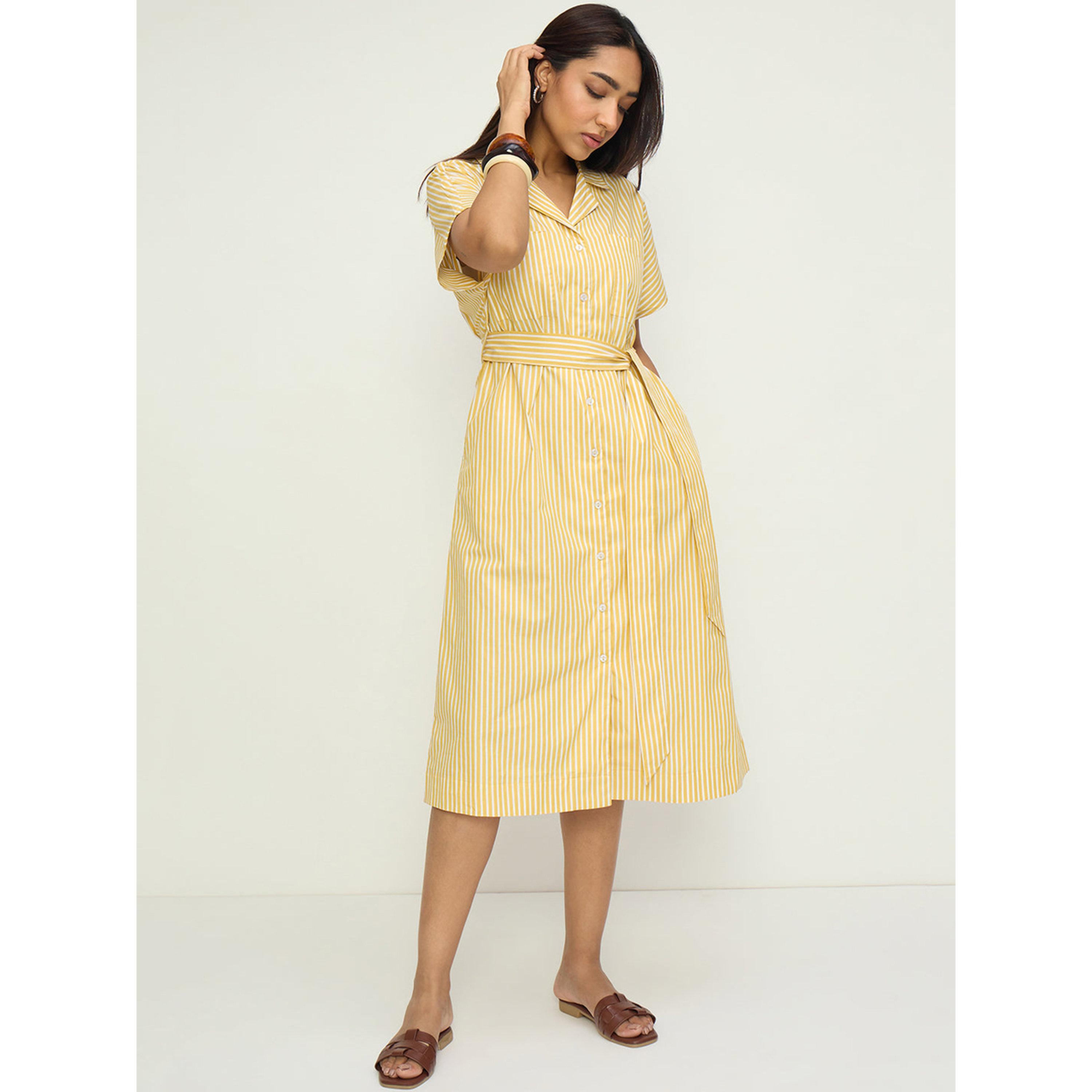 فيميلا × ستايلي - فستان متوسط الطول أصفر مخطط بأزرار-women-clothing-dresses-image-4