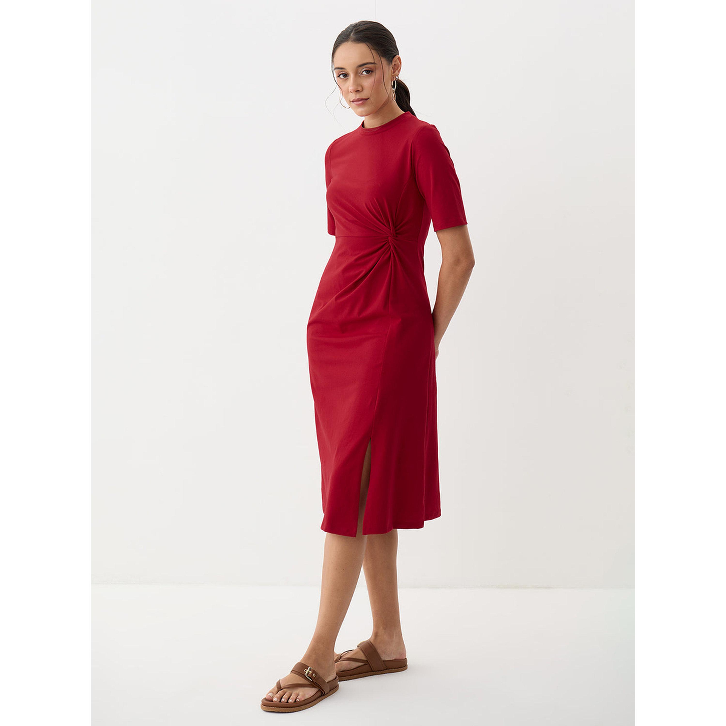 Femmella X Styli Red A-Line Midi Dress with Short Sleeves - Effortless Daytime Style-women-clothing-dresses-image-1