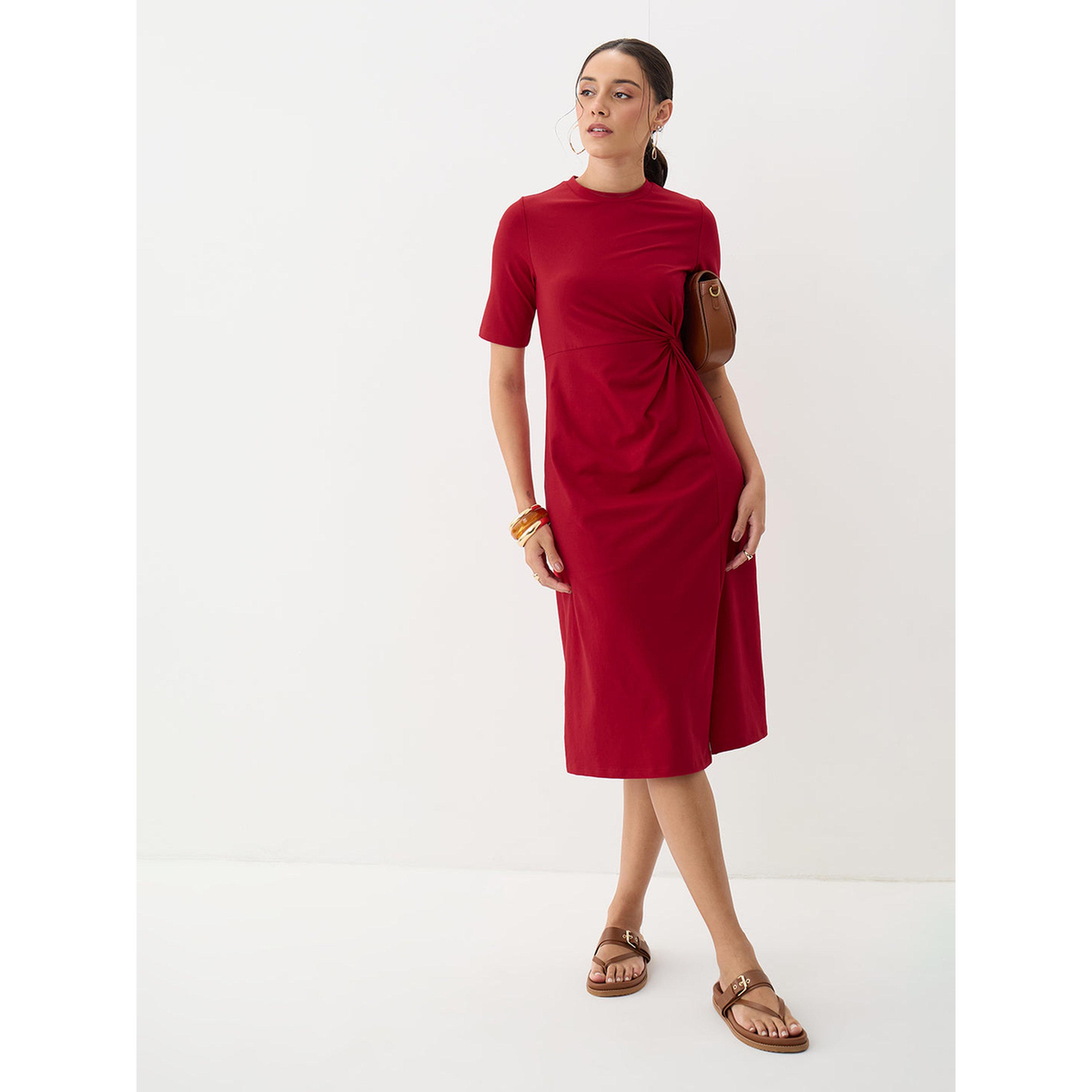 Femmella X Styli Red A-Line Midi Dress with Short Sleeves - Effortless Daytime Style-women-clothing-dresses-image-3