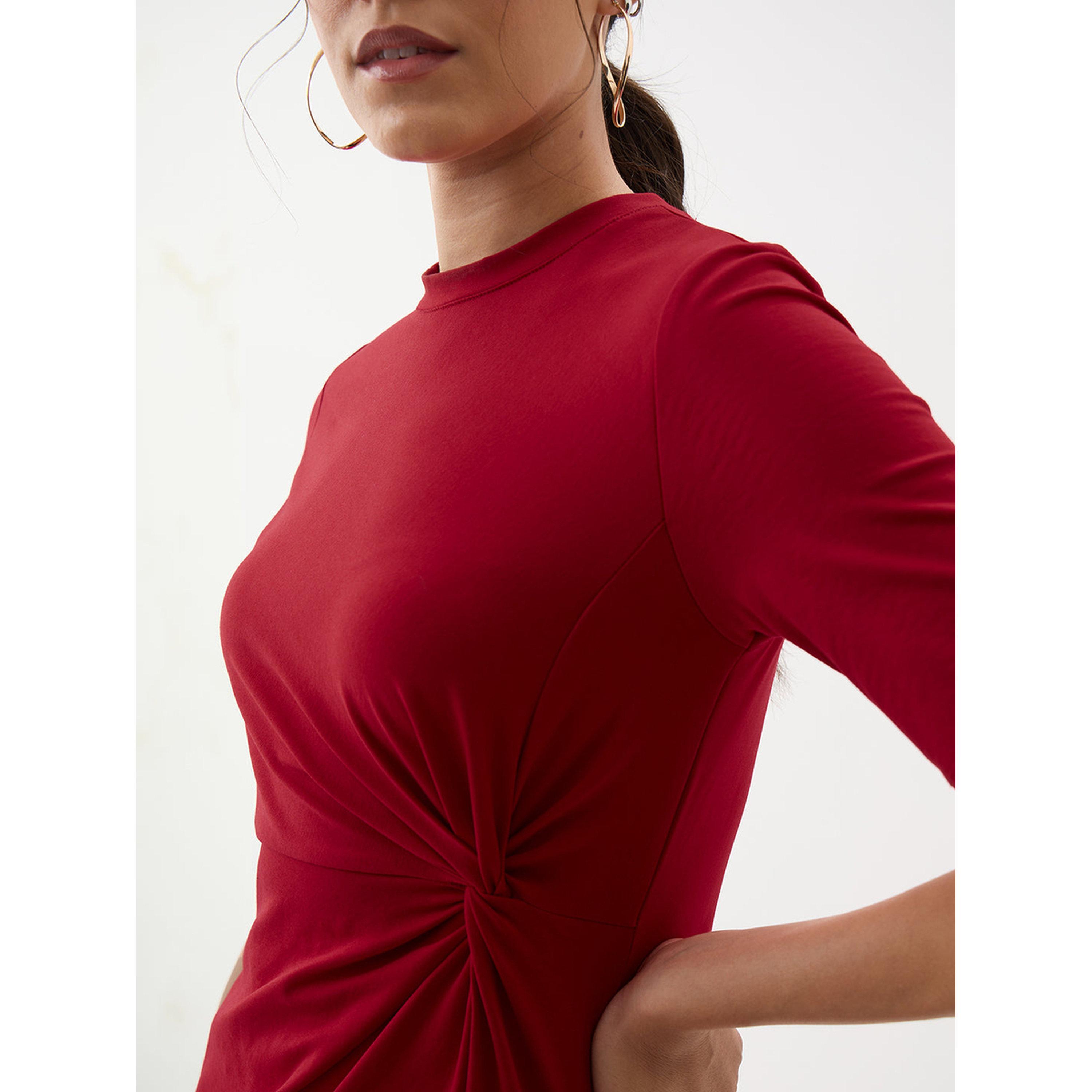 Femmella X Styli Red A-Line Midi Dress with Short Sleeves - Effortless Daytime Style-women-clothing-dresses-image-4
