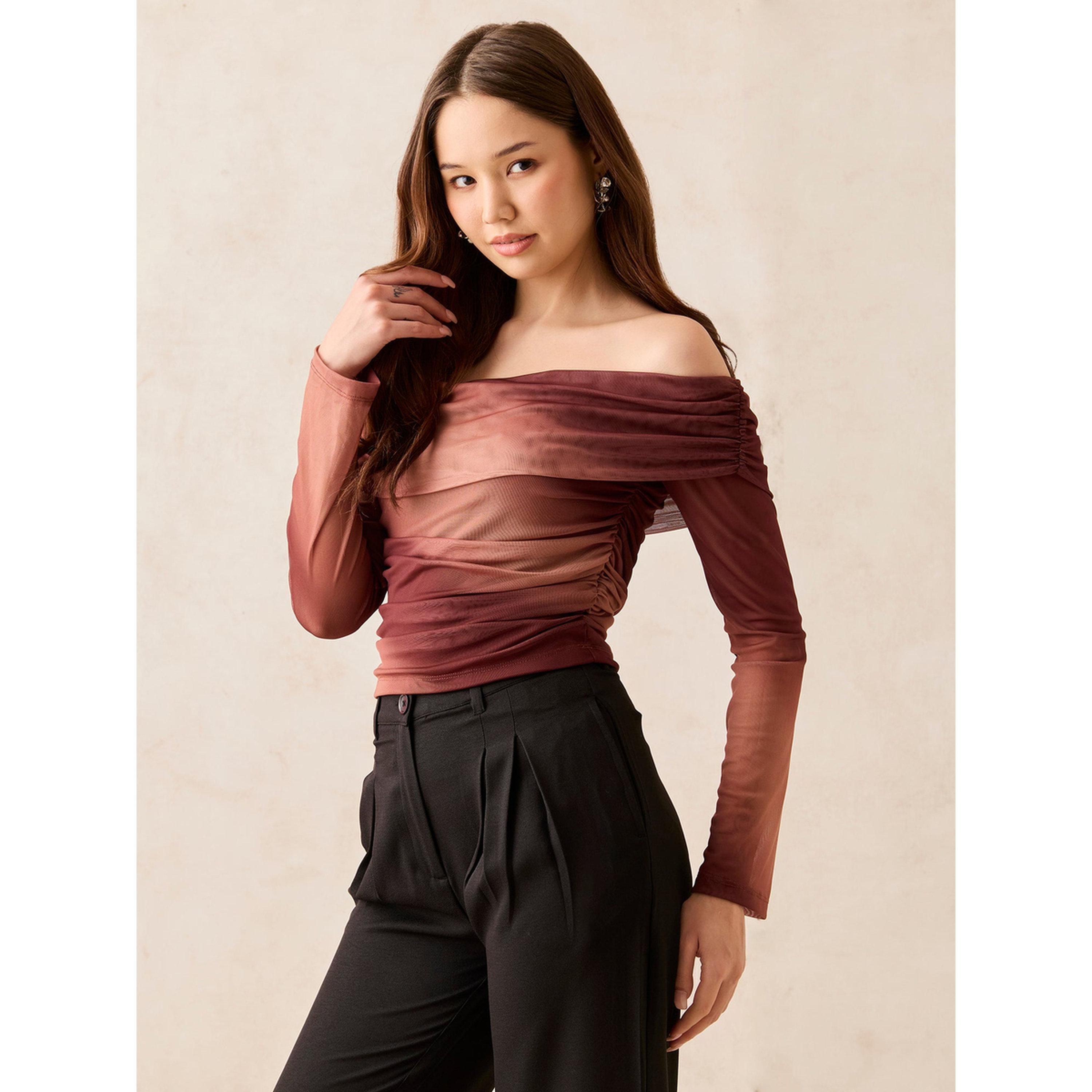 Outzidr X Styli Brown Ombre Mesh Knit Off-Shoulder Long Sleeve Top-women-clothing-shirtsandblouses-blouses-image-1