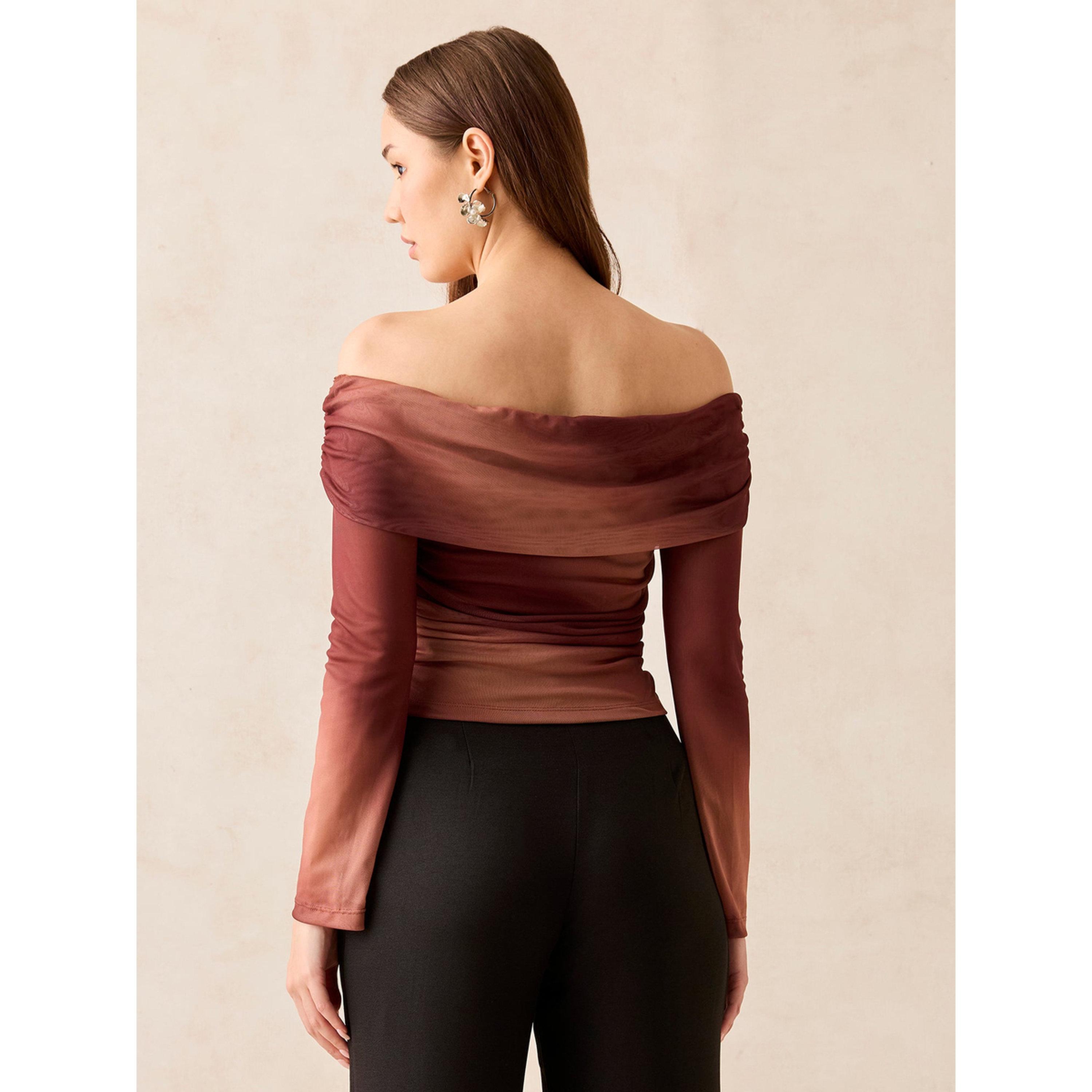 Outzidr X Styli Brown Ombre Mesh Knit Off-Shoulder Long Sleeve Top-women-clothing-shirtsandblouses-blouses-image-4