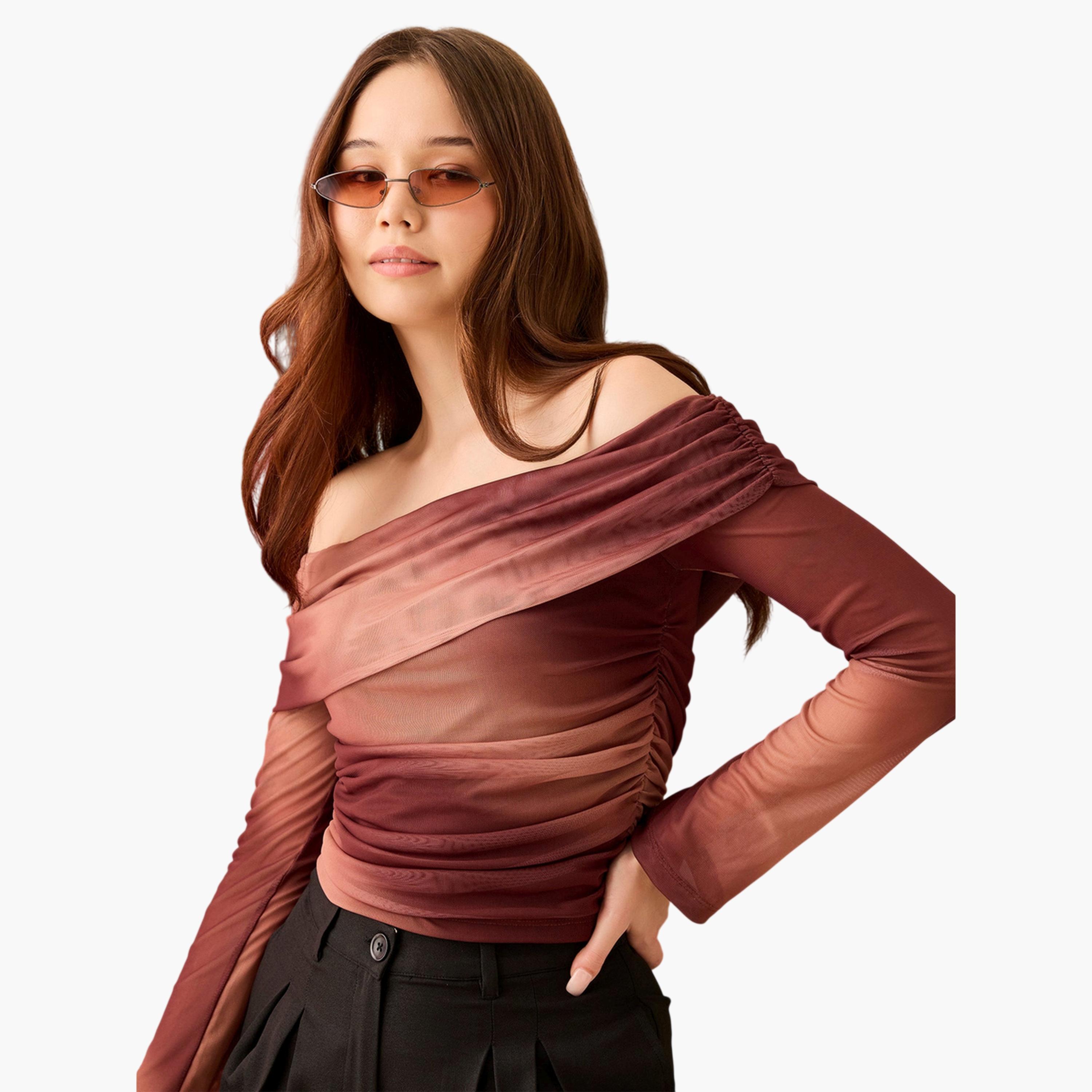 Outzidr X Styli Brown Ombre Mesh Knit Off-Shoulder Long Sleeve Top-women-clothing-shirtsandblouses-blouses-image-5