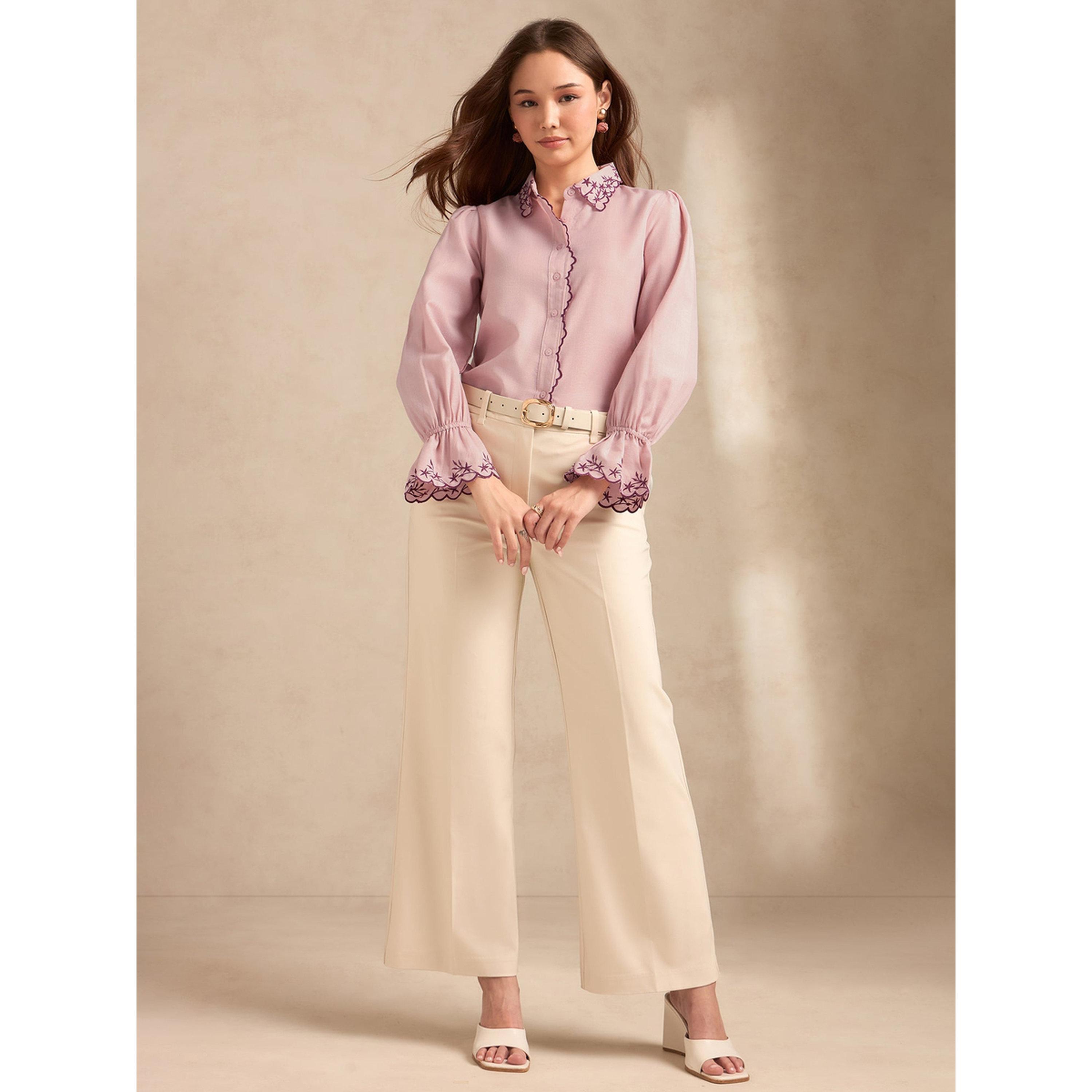 بلوزة مطرزة بأكمام طويلة بلون وردي-women-clothing-shirtsandblouses-shirts-image-2