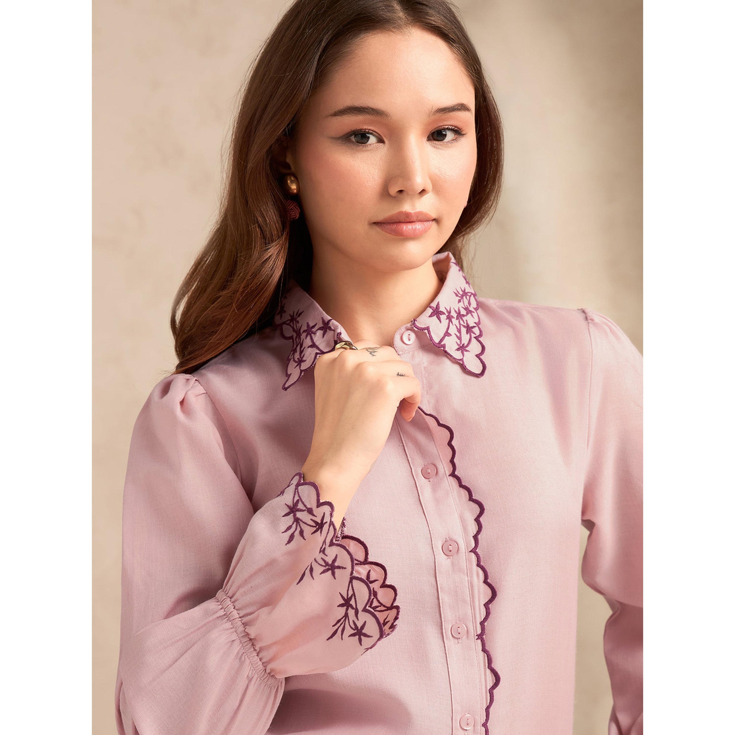 بلوزة مطرزة بأكمام طويلة بلون وردي-women-clothing-shirtsandblouses-shirts-image-5