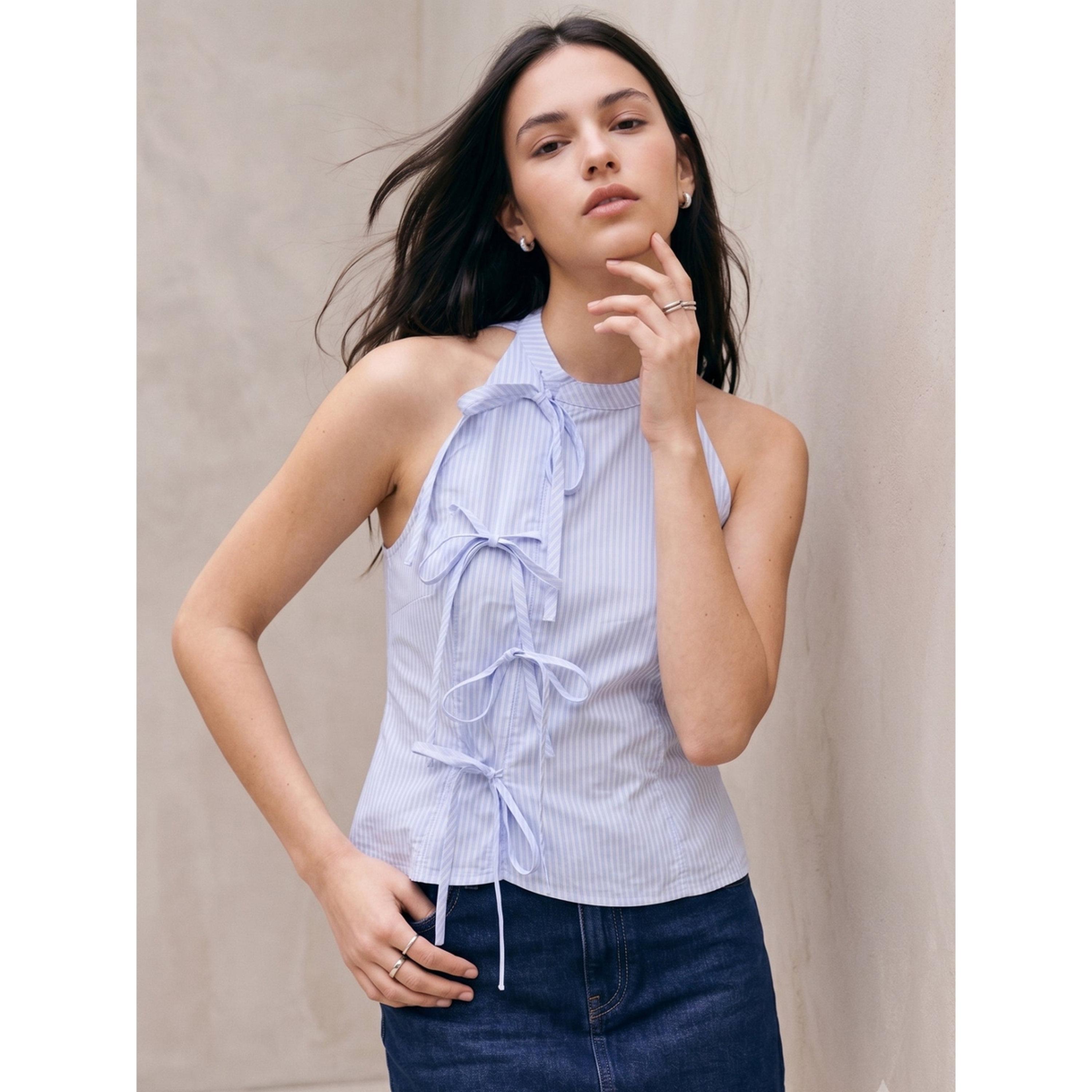 Outzidr X Styli Blue Striped Sleeveless Halter Blouse with Side Ties-women-clothing-shirtsandblouses-blouses-image-1