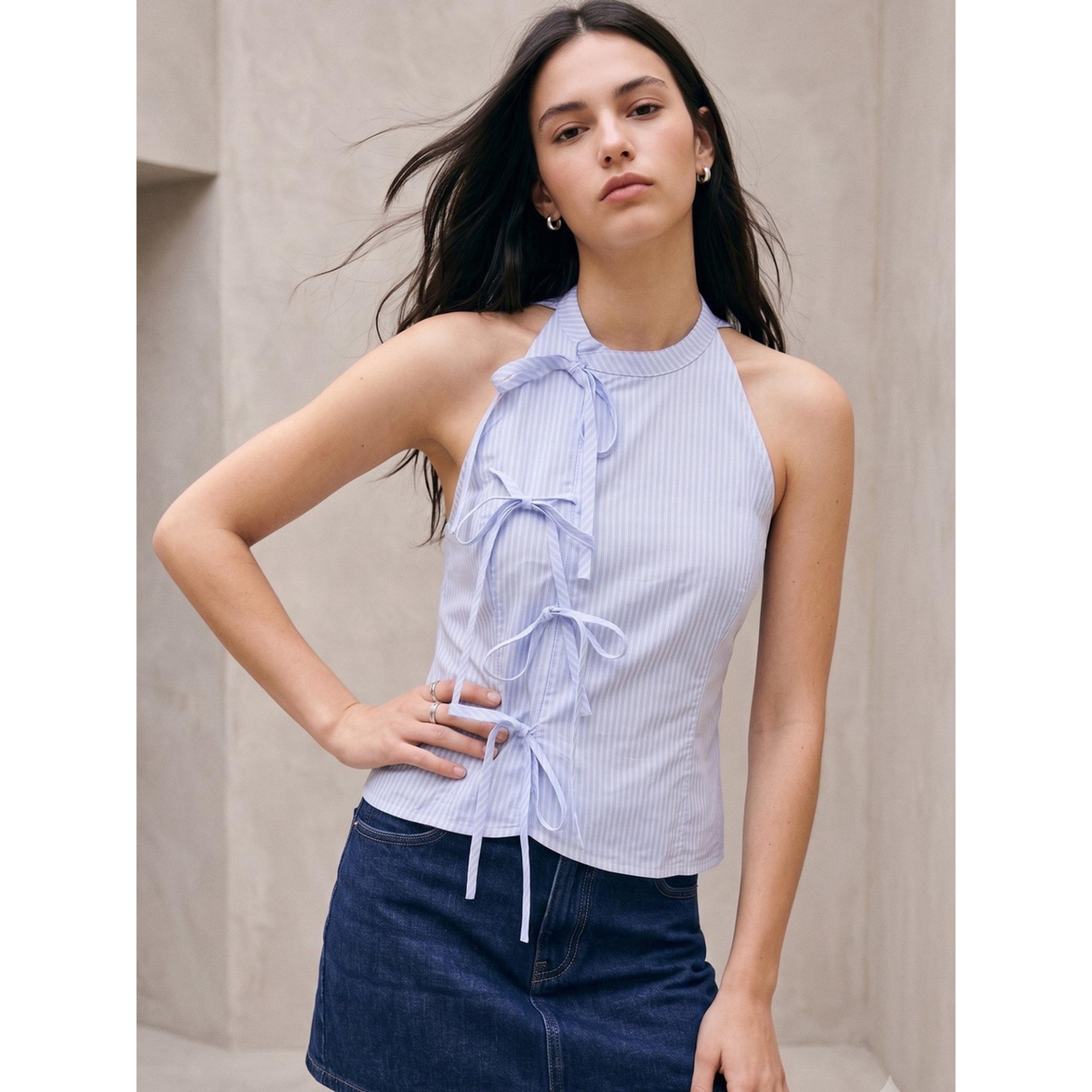 Outzidr X Styli Blue Striped Sleeveless Halter Blouse with Side Ties-women-clothing-shirtsandblouses-blouses-image-3