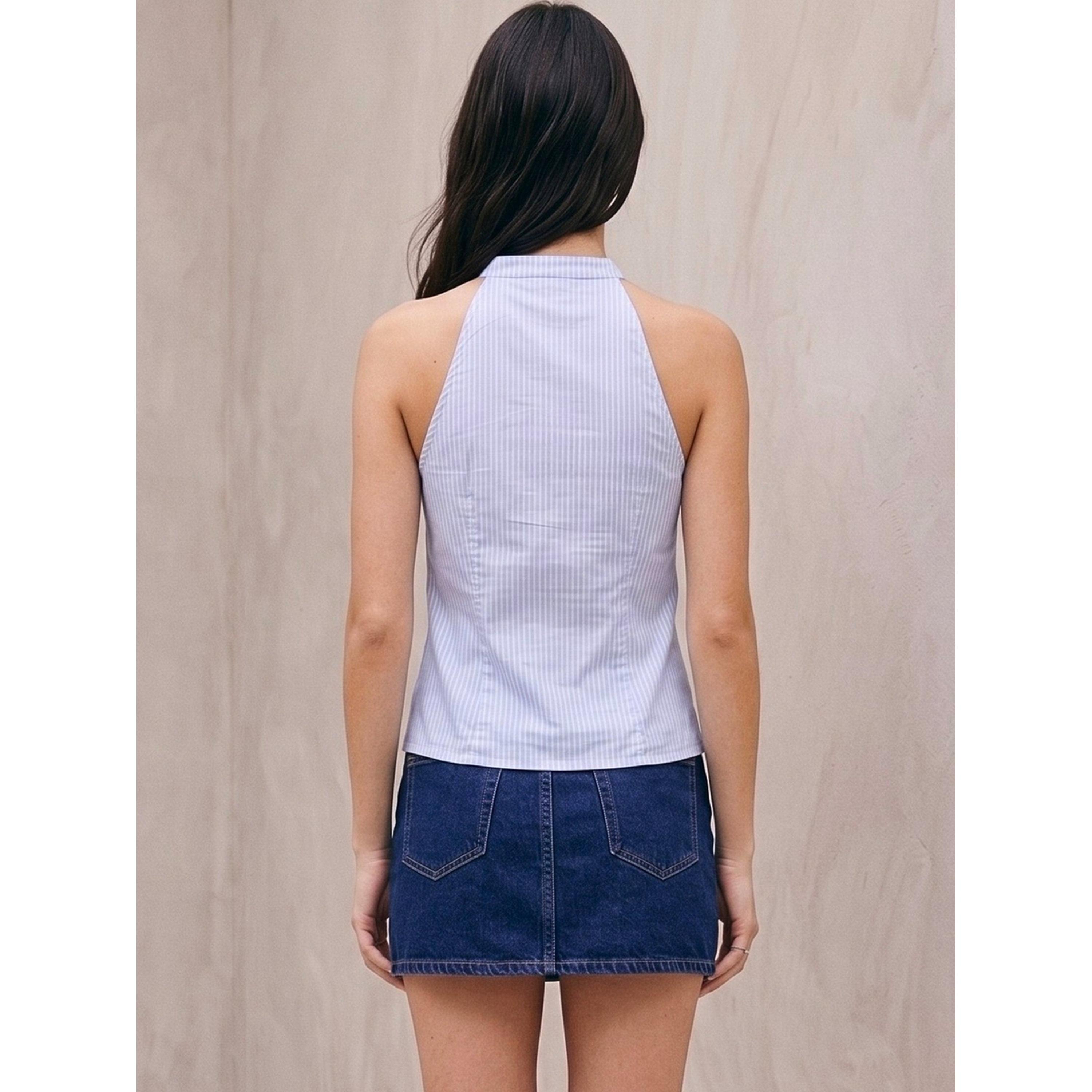 Outzidr X Styli Blue Striped Sleeveless Halter Blouse with Side Ties-women-clothing-shirtsandblouses-blouses-image-4