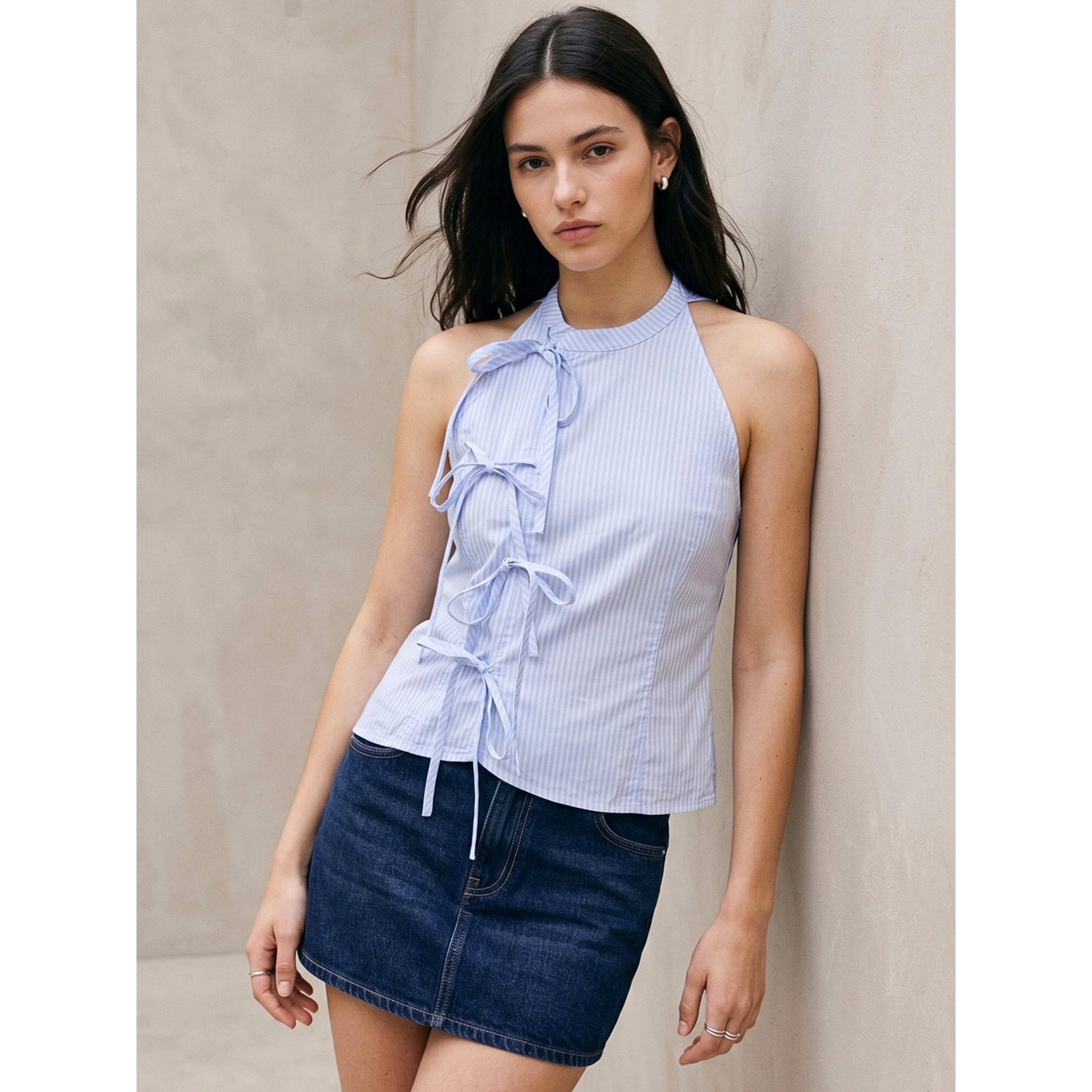 Outzidr X Styli Blue Striped Sleeveless Halter Blouse with Side Ties-women-clothing-shirtsandblouses-blouses-image-5