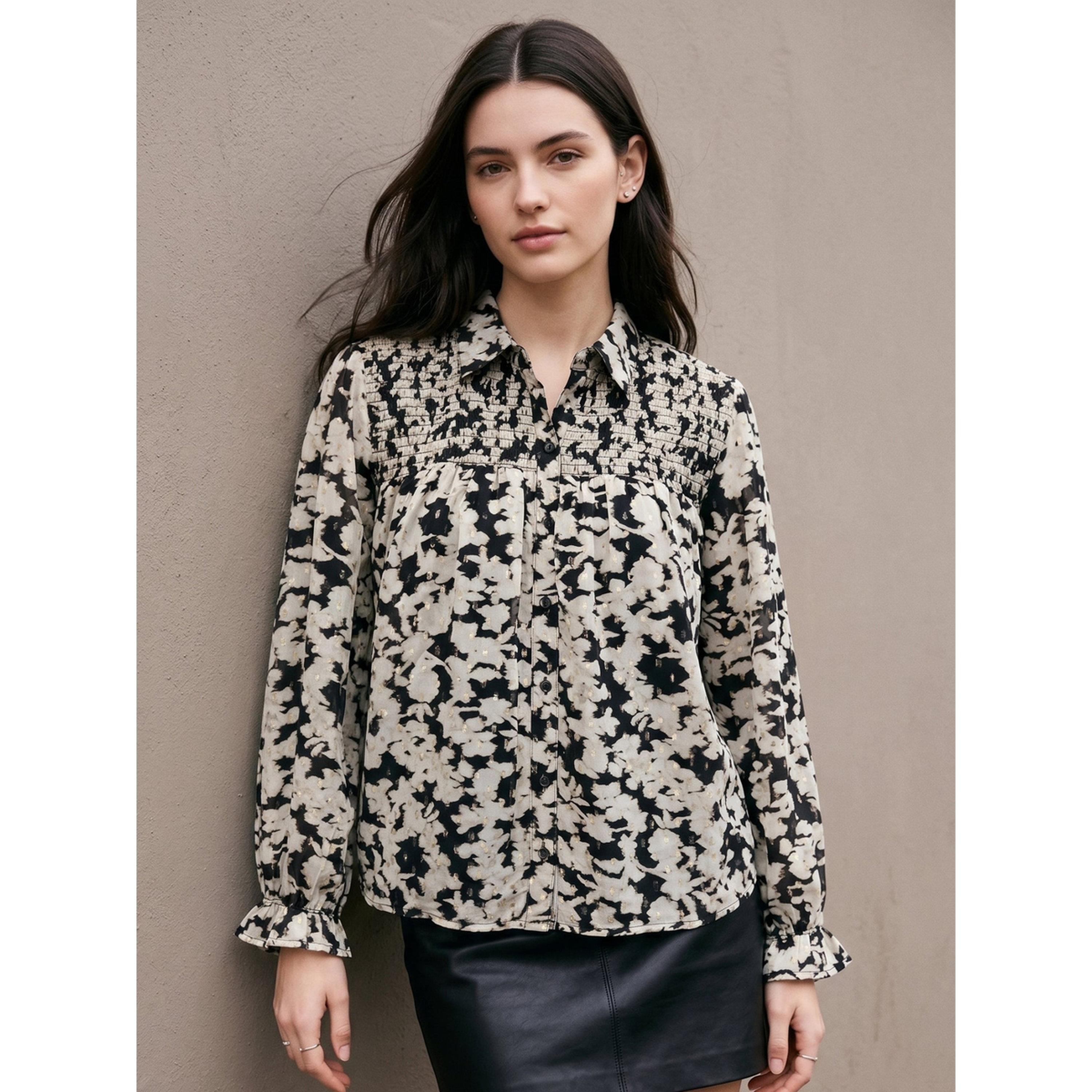Outzidr X Styli Black Floral Smocked Long Sleeve Shirt-women-clothing-shirtsandblouses-shirts-image-1