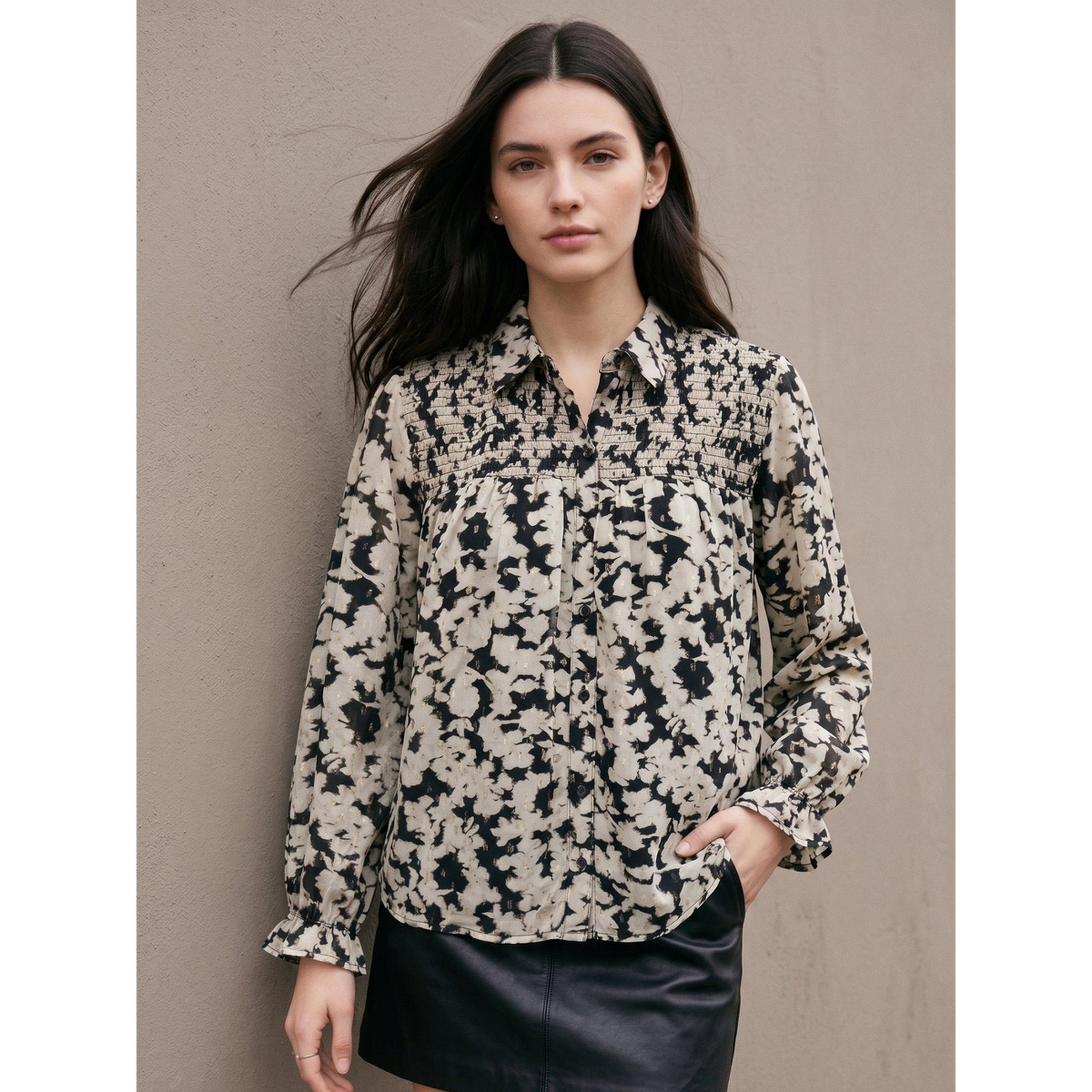 Outzidr X Styli Black Floral Smocked Long Sleeve Shirt-women-clothing-shirtsandblouses-shirts-image-3