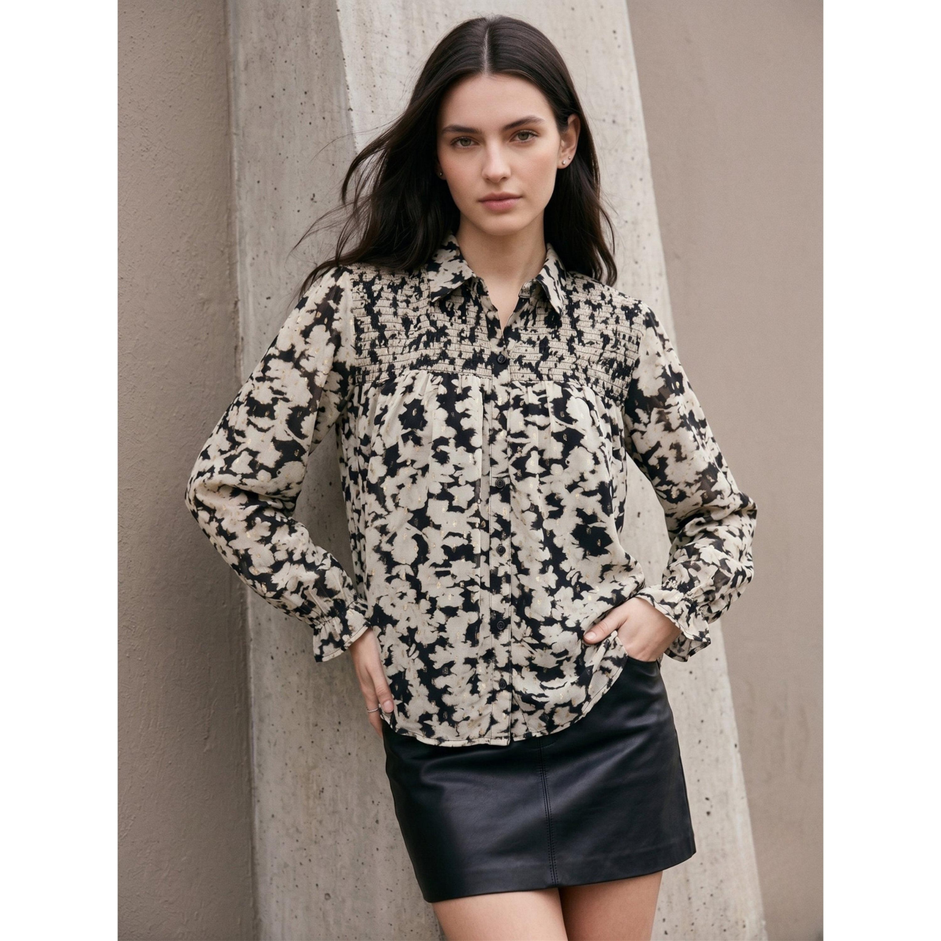 Outzidr X Styli Black Floral Smocked Long Sleeve Shirt-women-clothing-shirtsandblouses-shirts-image-4