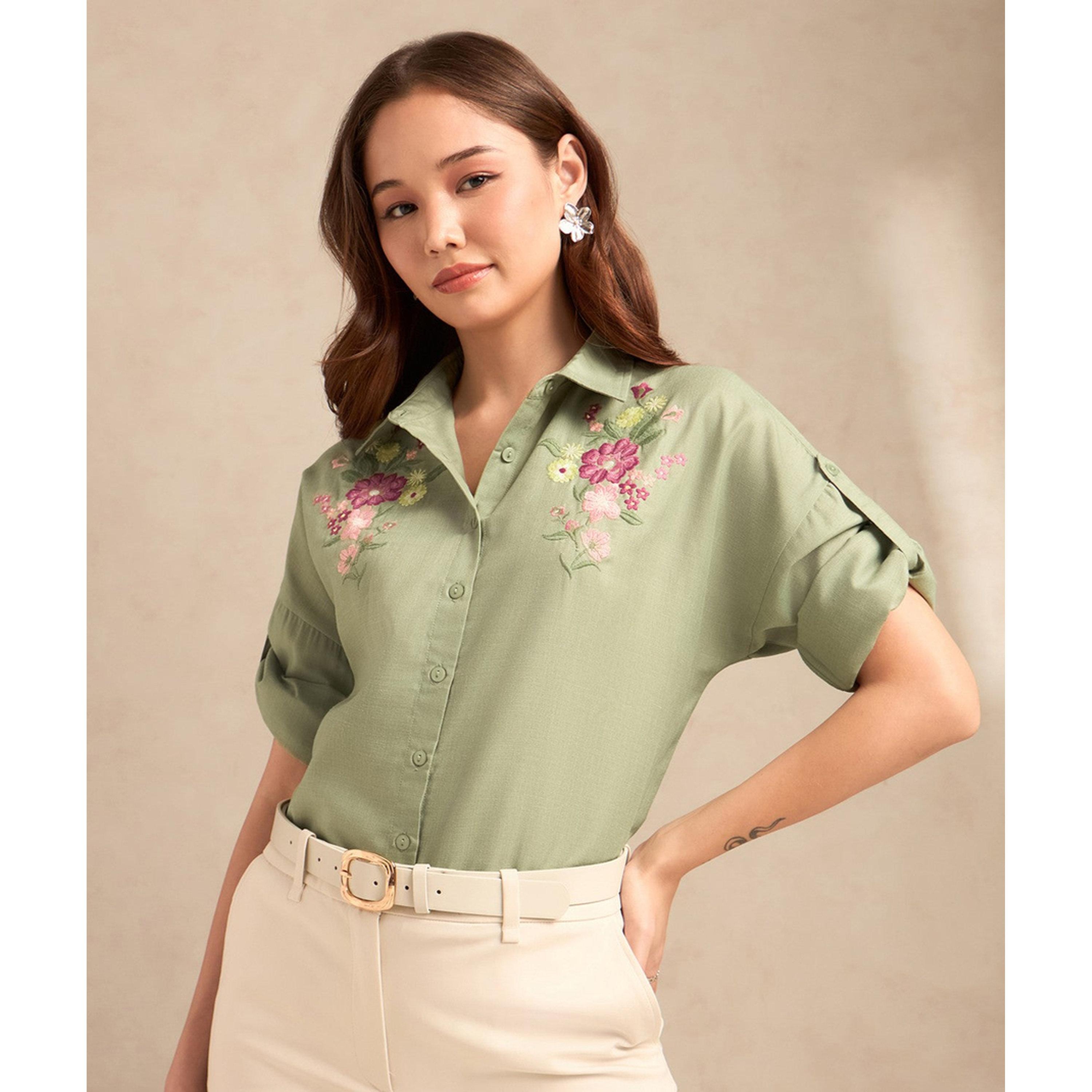 Outzidr X Styli Embroidered Sage Green Long Sleeve Shirt-women-clothing-shirtsandblouses-shirts-image-1