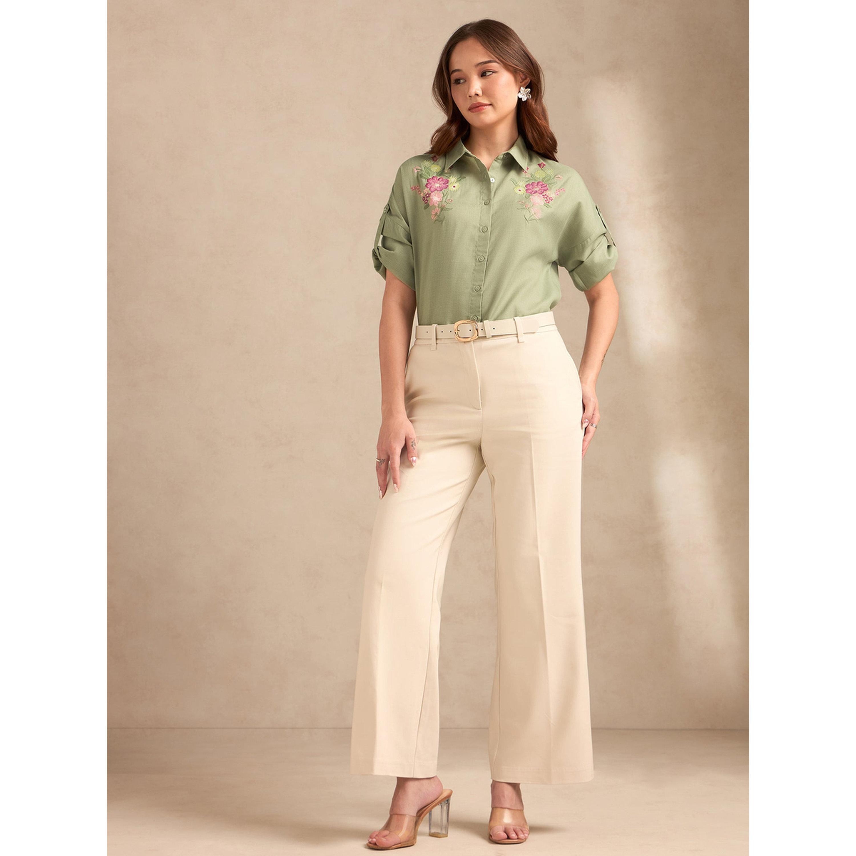 Outzidr X Styli Embroidered Sage Green Long Sleeve Shirt-women-clothing-shirtsandblouses-shirts-image-2