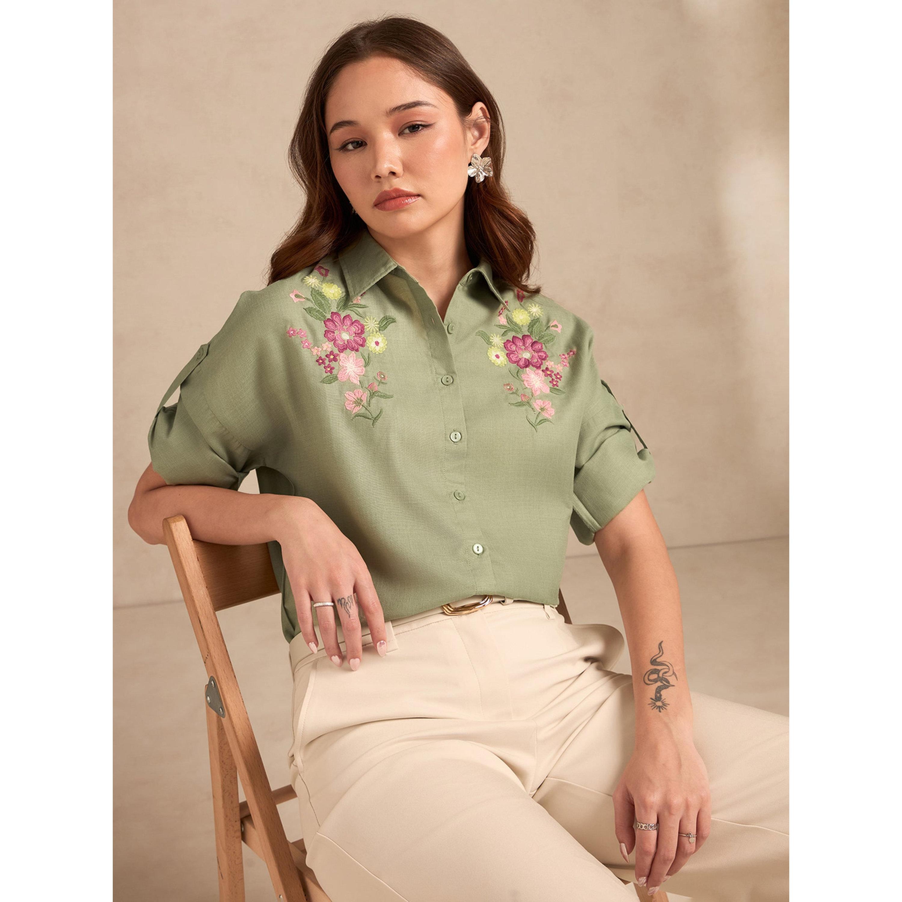 Outzidr X Styli Embroidered Sage Green Long Sleeve Shirt-women-clothing-shirtsandblouses-shirts-image-3