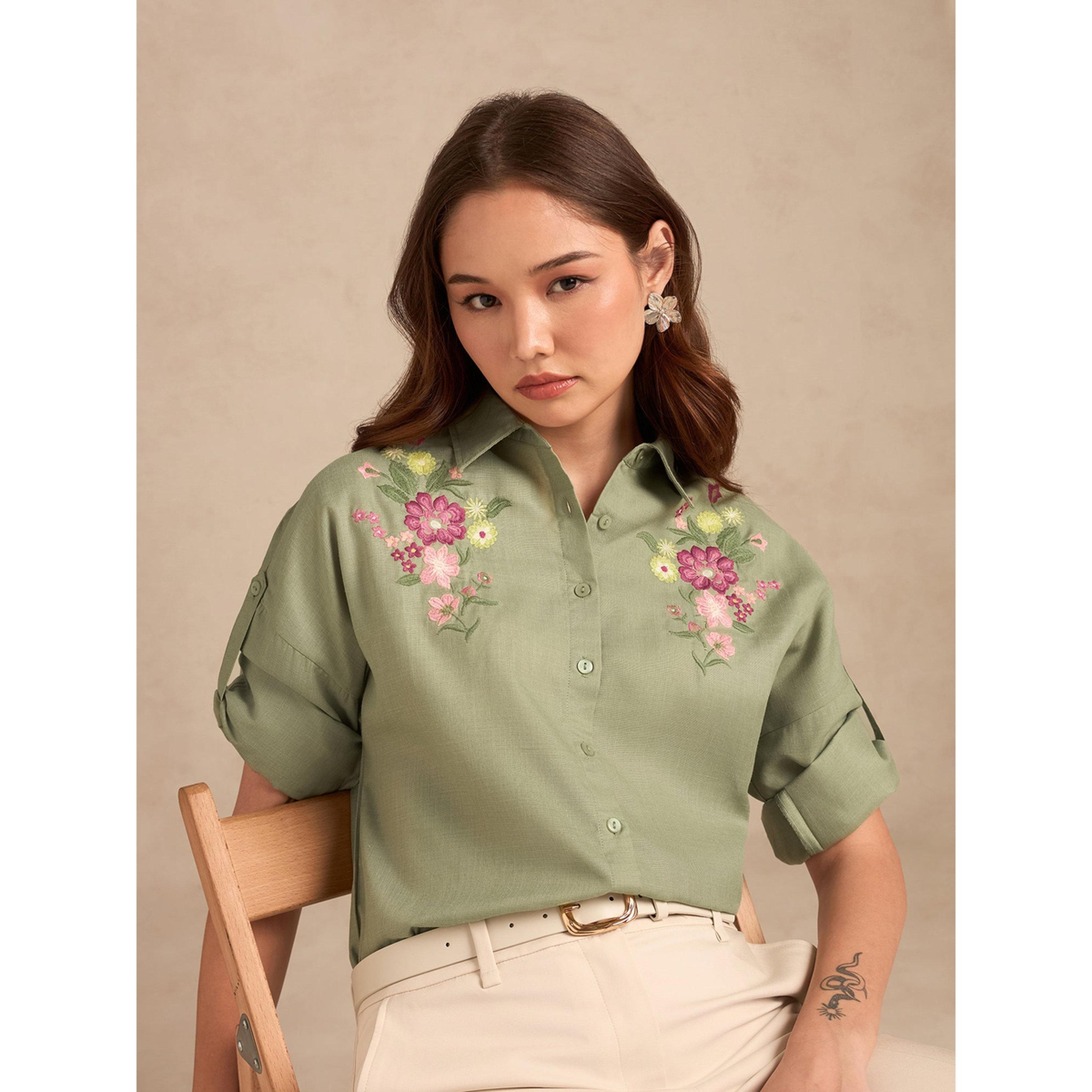 Outzidr X Styli Embroidered Sage Green Long Sleeve Shirt-women-clothing-shirtsandblouses-shirts-image-4