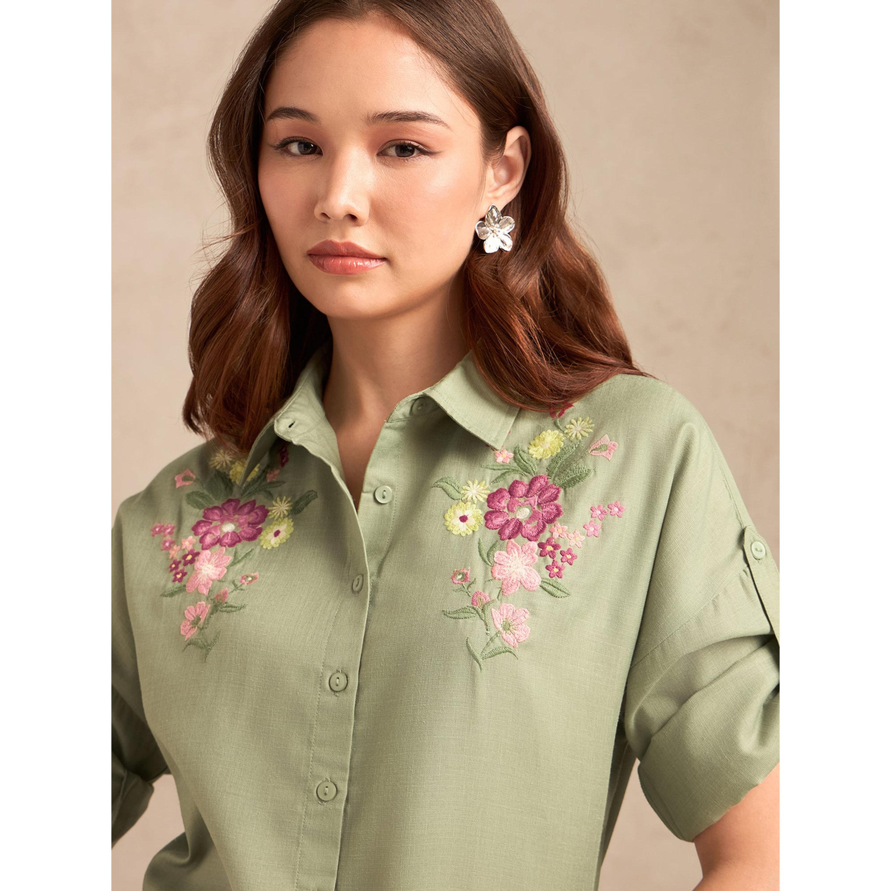 Outzidr X Styli Embroidered Sage Green Long Sleeve Shirt-women-clothing-shirtsandblouses-shirts-image-5