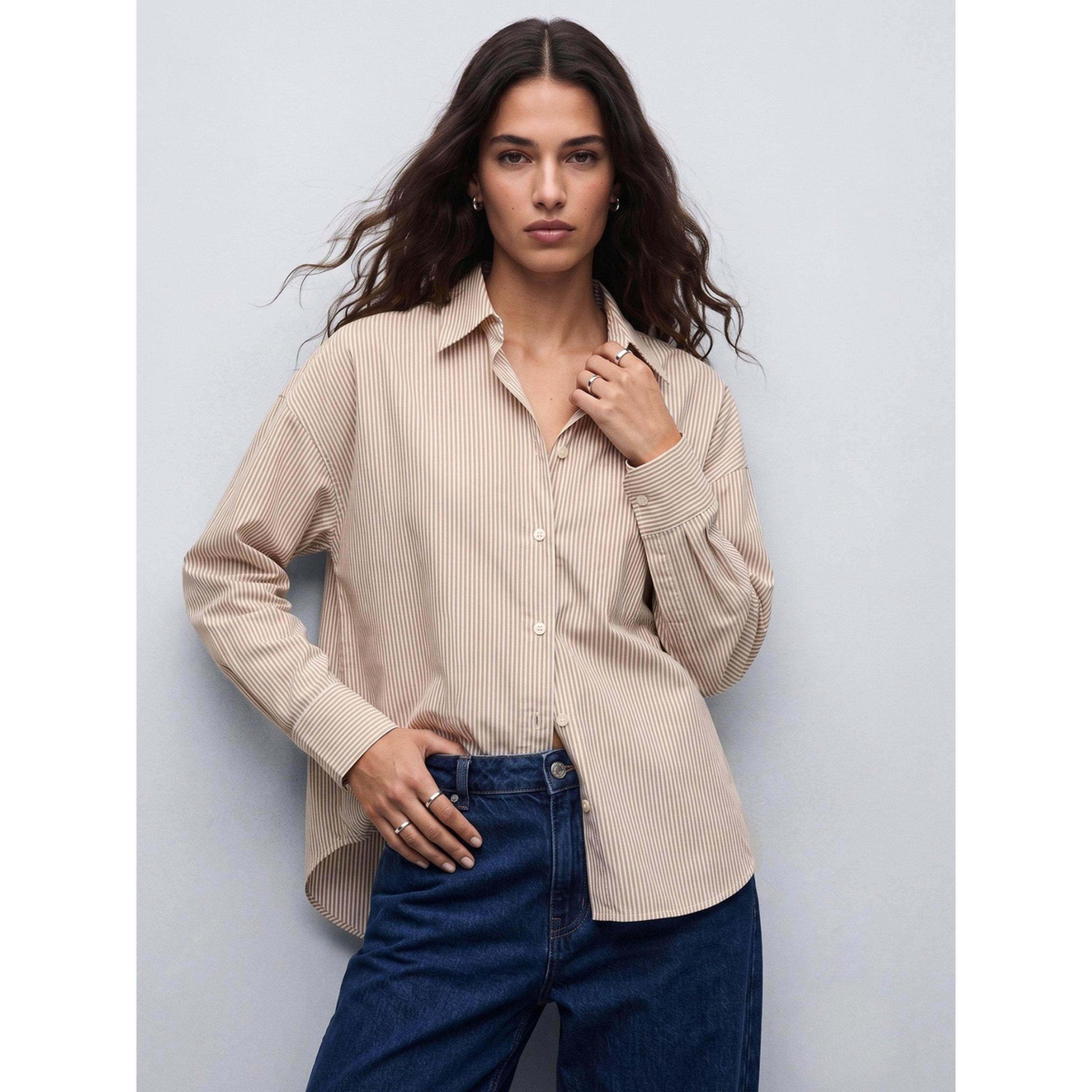 Outzidr X Styli Striped Long Sleeve Oversized Shirt - Brown-women-clothing-shirtsandblouses-shirts-image-1