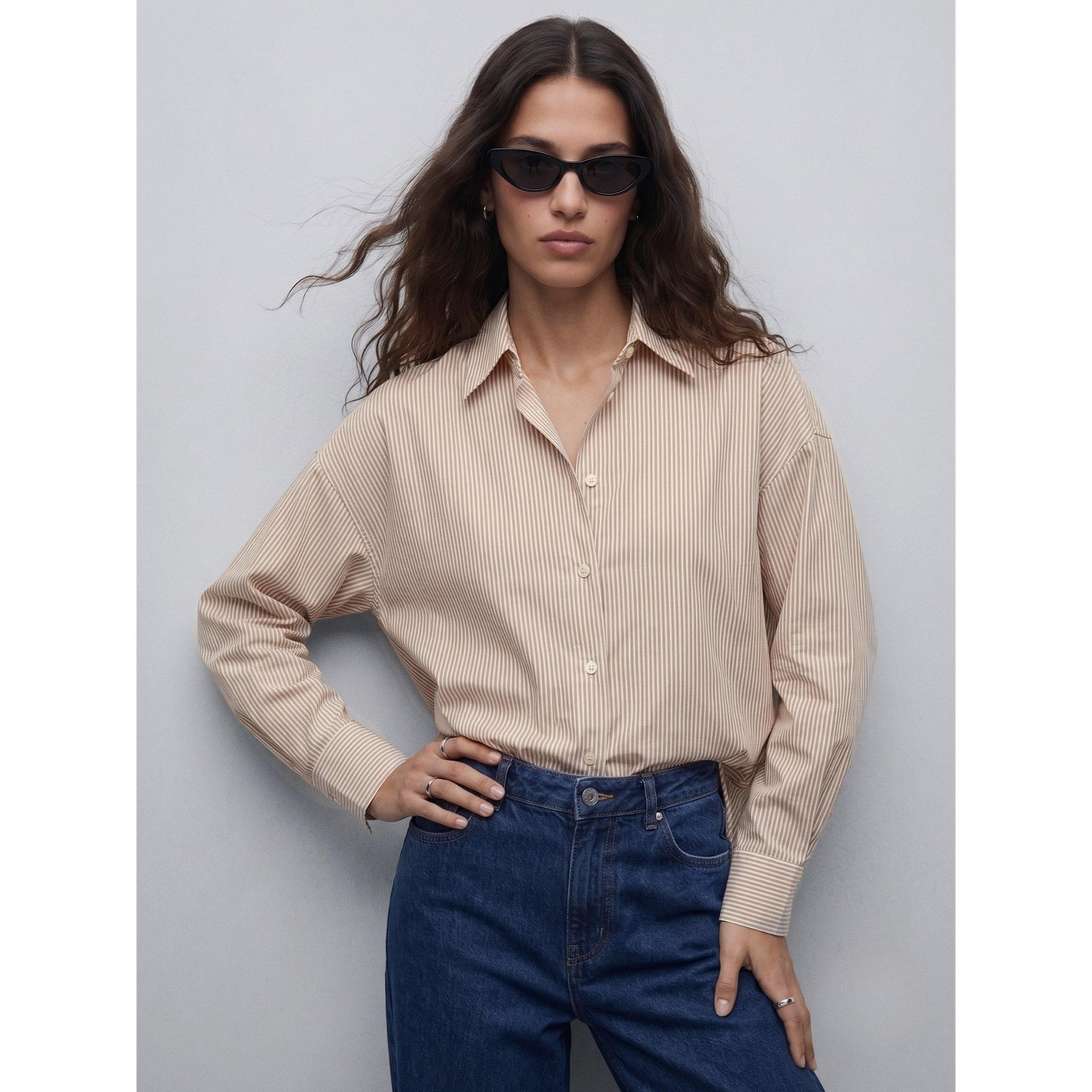 Outzidr X Styli Striped Long Sleeve Oversized Shirt - Brown-women-clothing-shirtsandblouses-shirts-image-3
