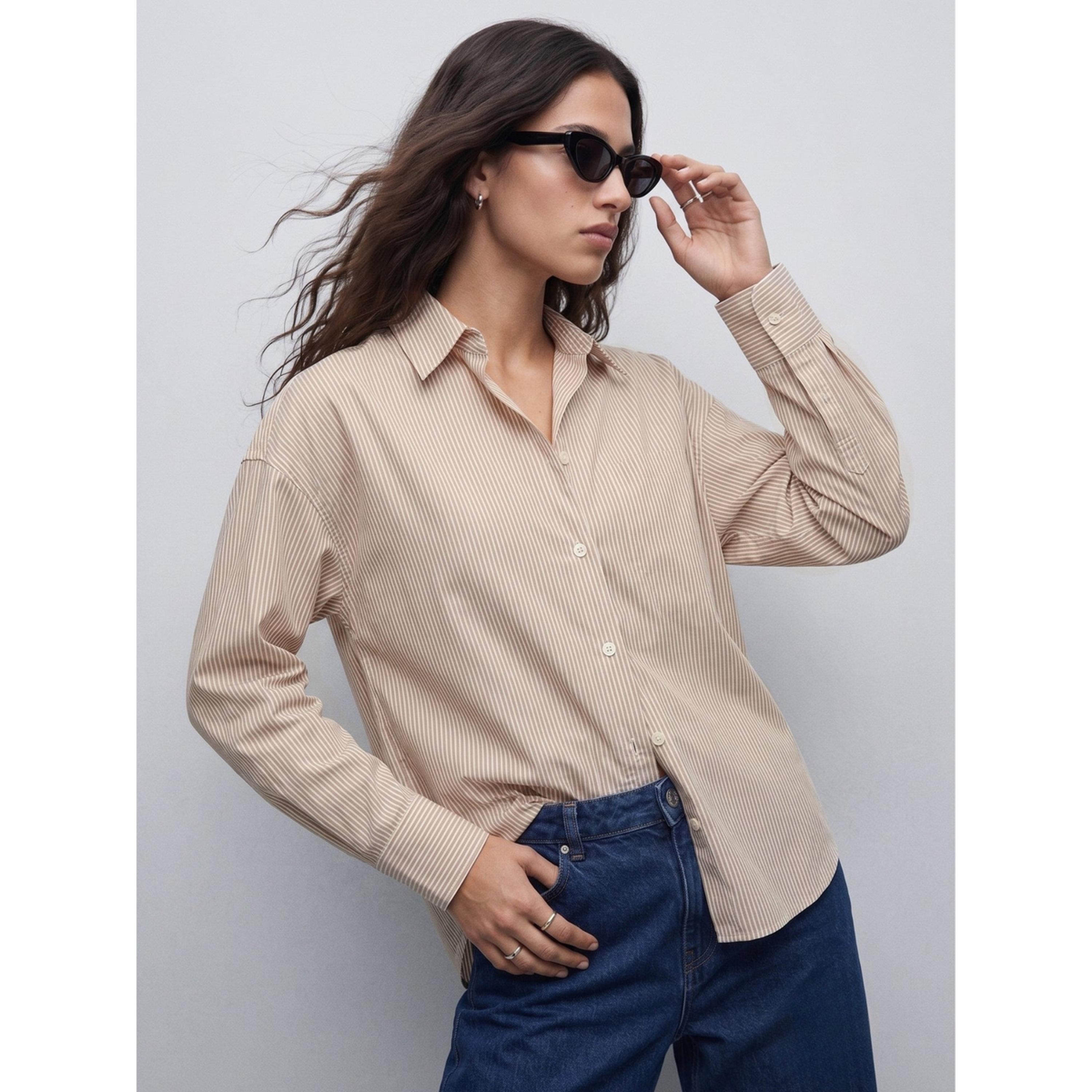 Outzidr X Styli Striped Long Sleeve Oversized Shirt - Brown-women-clothing-shirtsandblouses-shirts-image-4