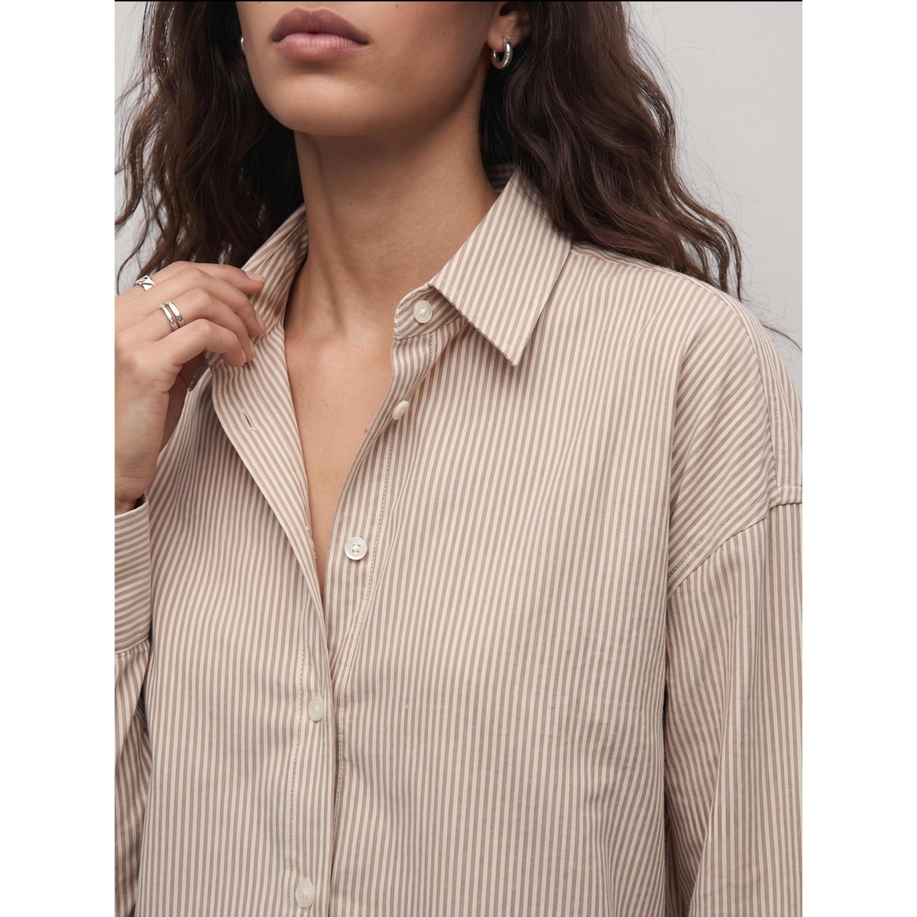 Outzidr X Styli Striped Long Sleeve Oversized Shirt - Brown-women-clothing-shirtsandblouses-shirts-image-5