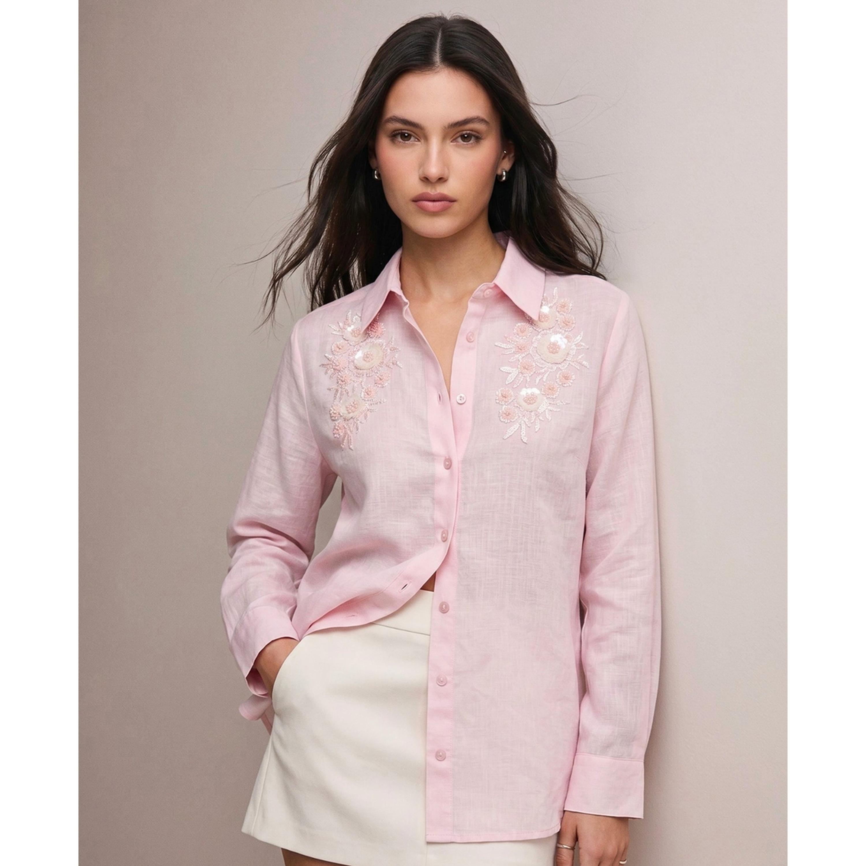 Outzidr X Styli Pink Long Sleeve Embroidered Linen Shirt-women-clothing-shirtsandblouses-shirts-image-1
