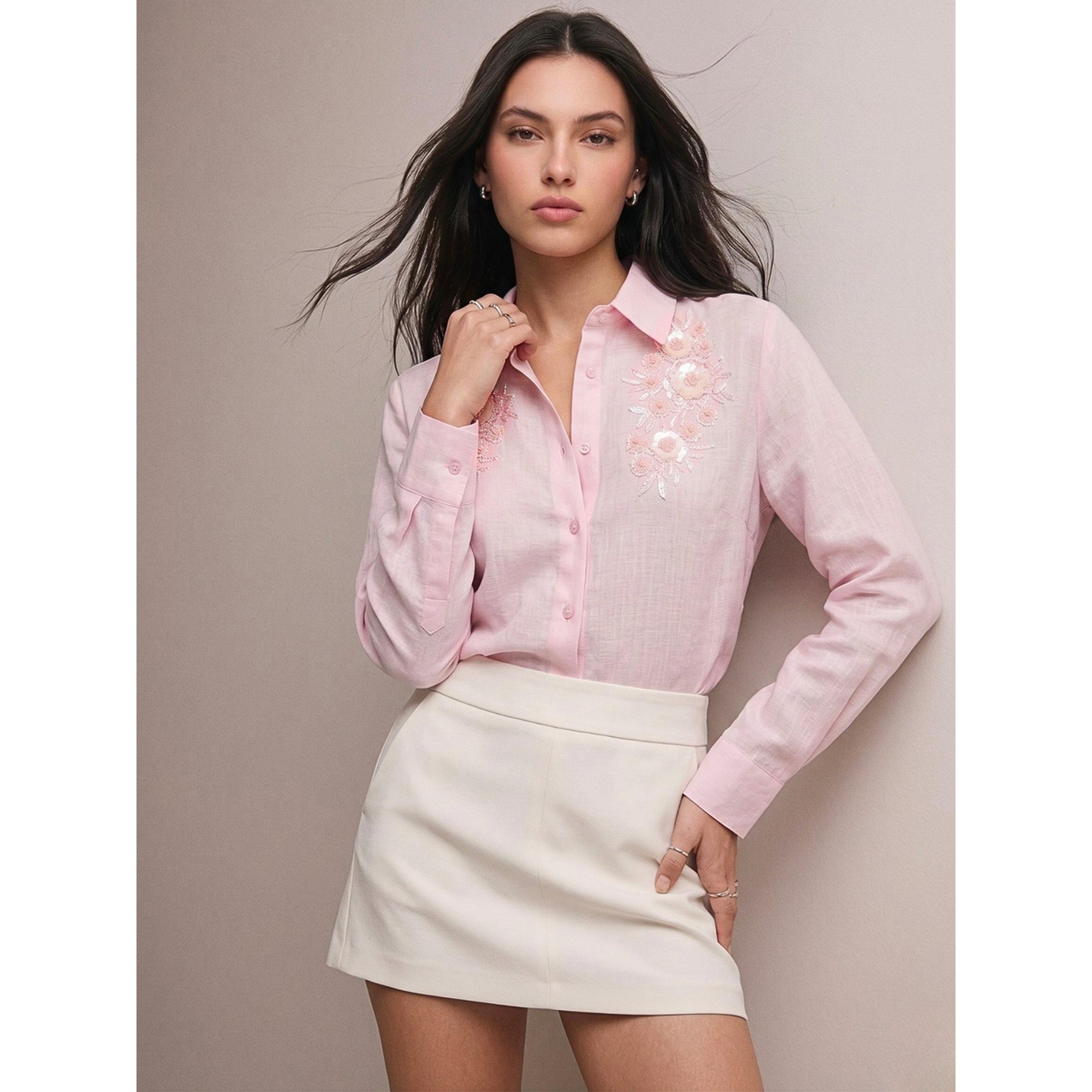 Outzidr X Styli Pink Long Sleeve Embroidered Linen Shirt-women-clothing-shirtsandblouses-shirts-image-3