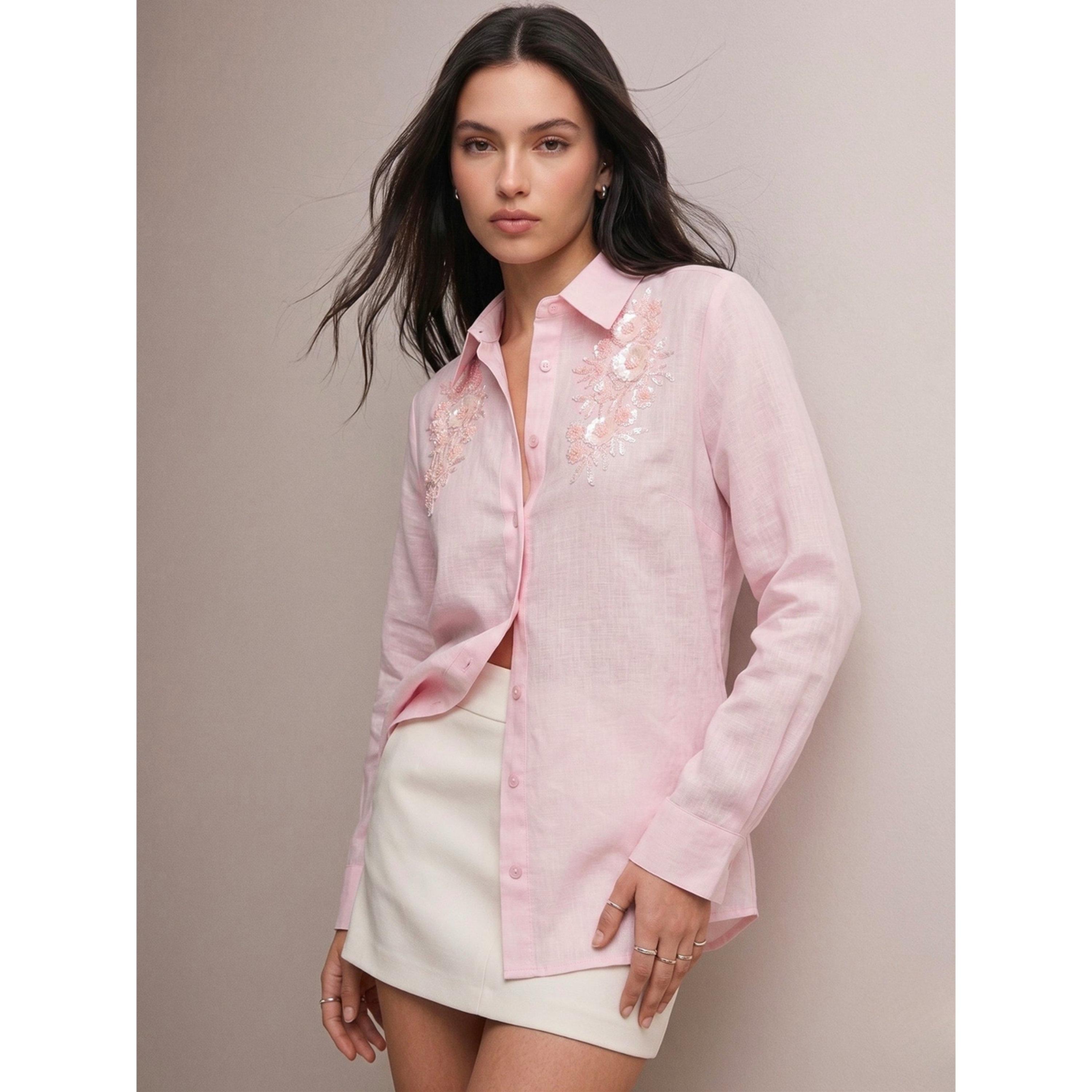 Outzidr X Styli Pink Long Sleeve Embroidered Linen Shirt-women-clothing-shirtsandblouses-shirts-image-4