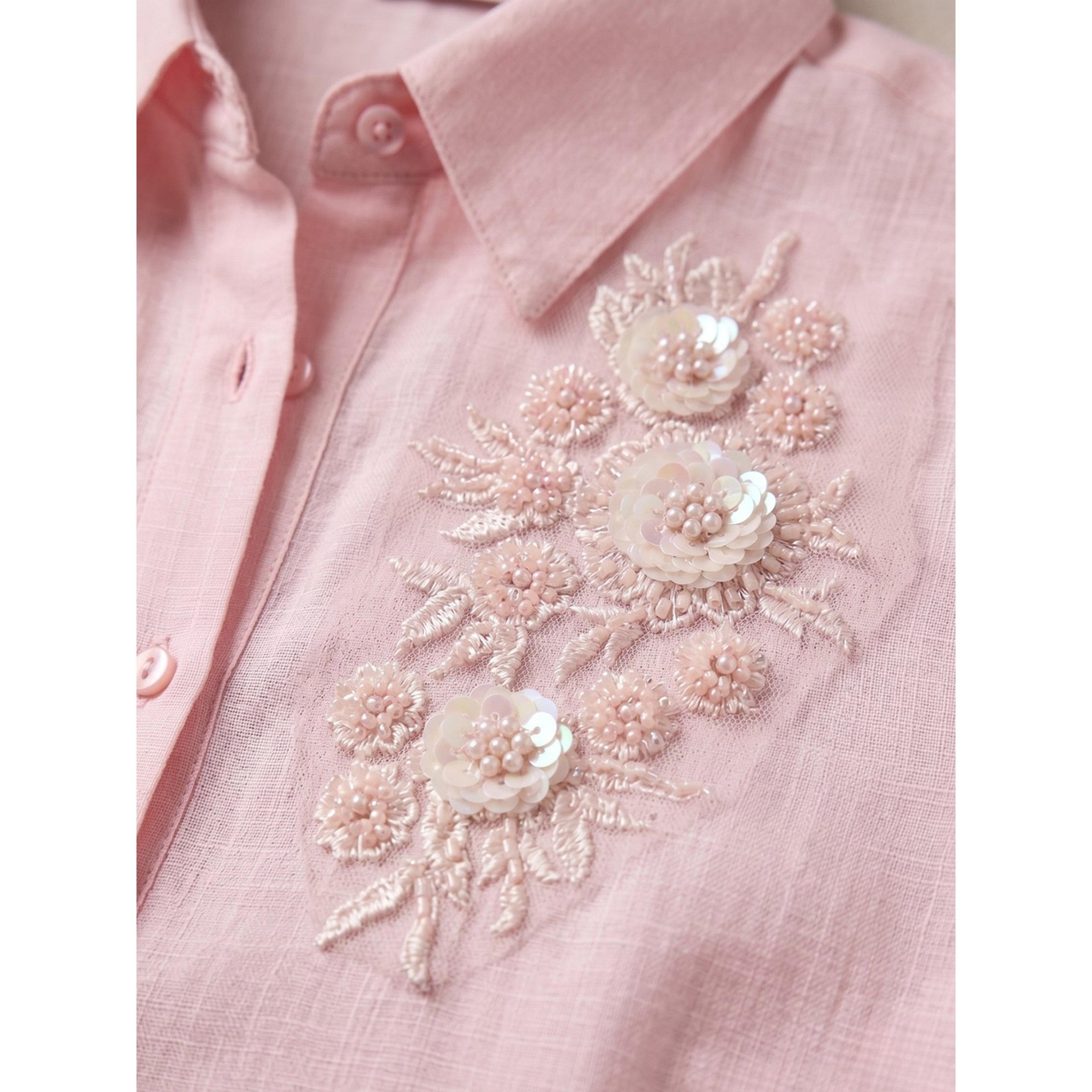 Outzidr X Styli Pink Long Sleeve Embroidered Linen Shirt-women-clothing-shirtsandblouses-shirts-image-5