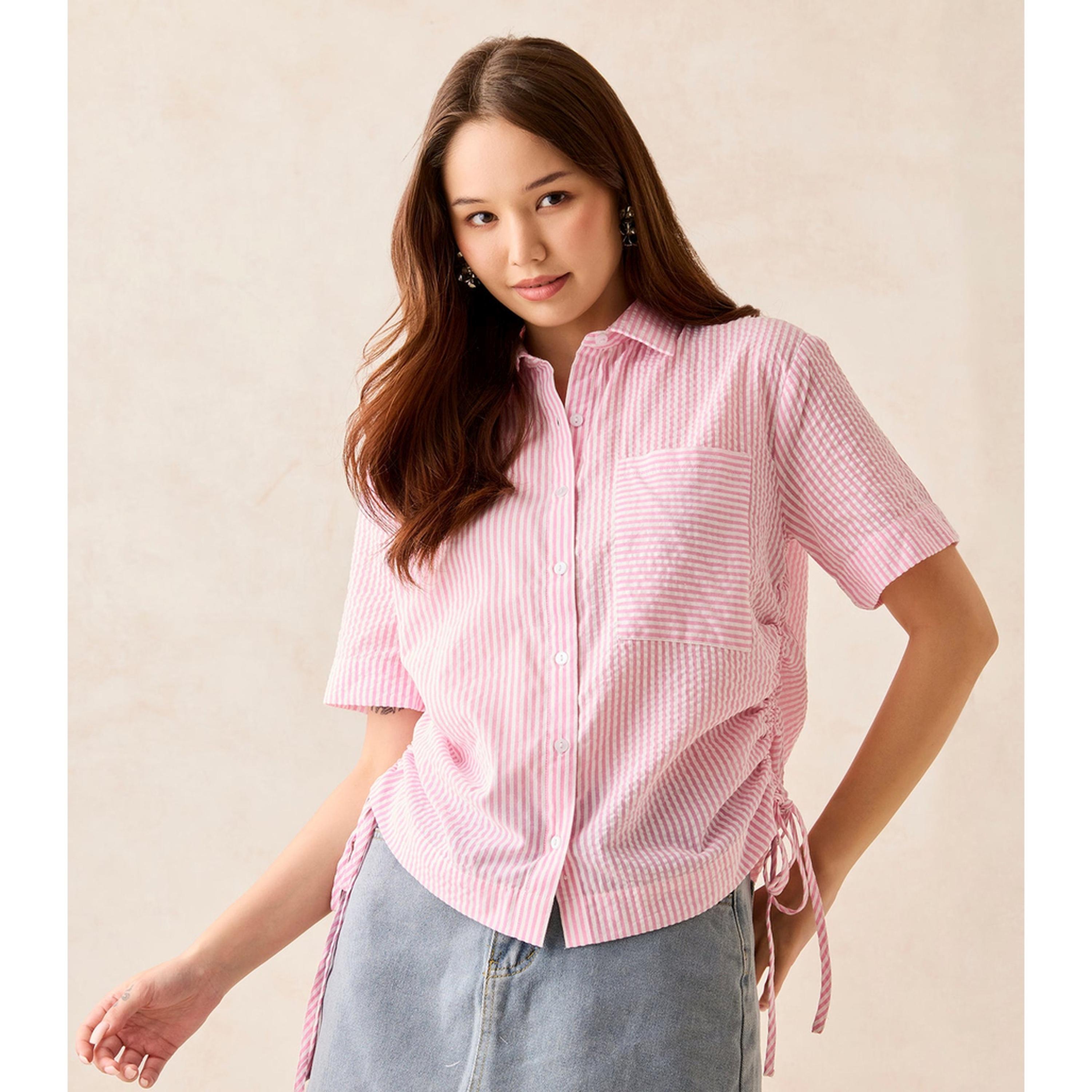 Outzidr X Styli Pink Striped Short Sleeve Shirt with Ruched Sides-women-clothing-shirtsandblouses-shirts-image-1