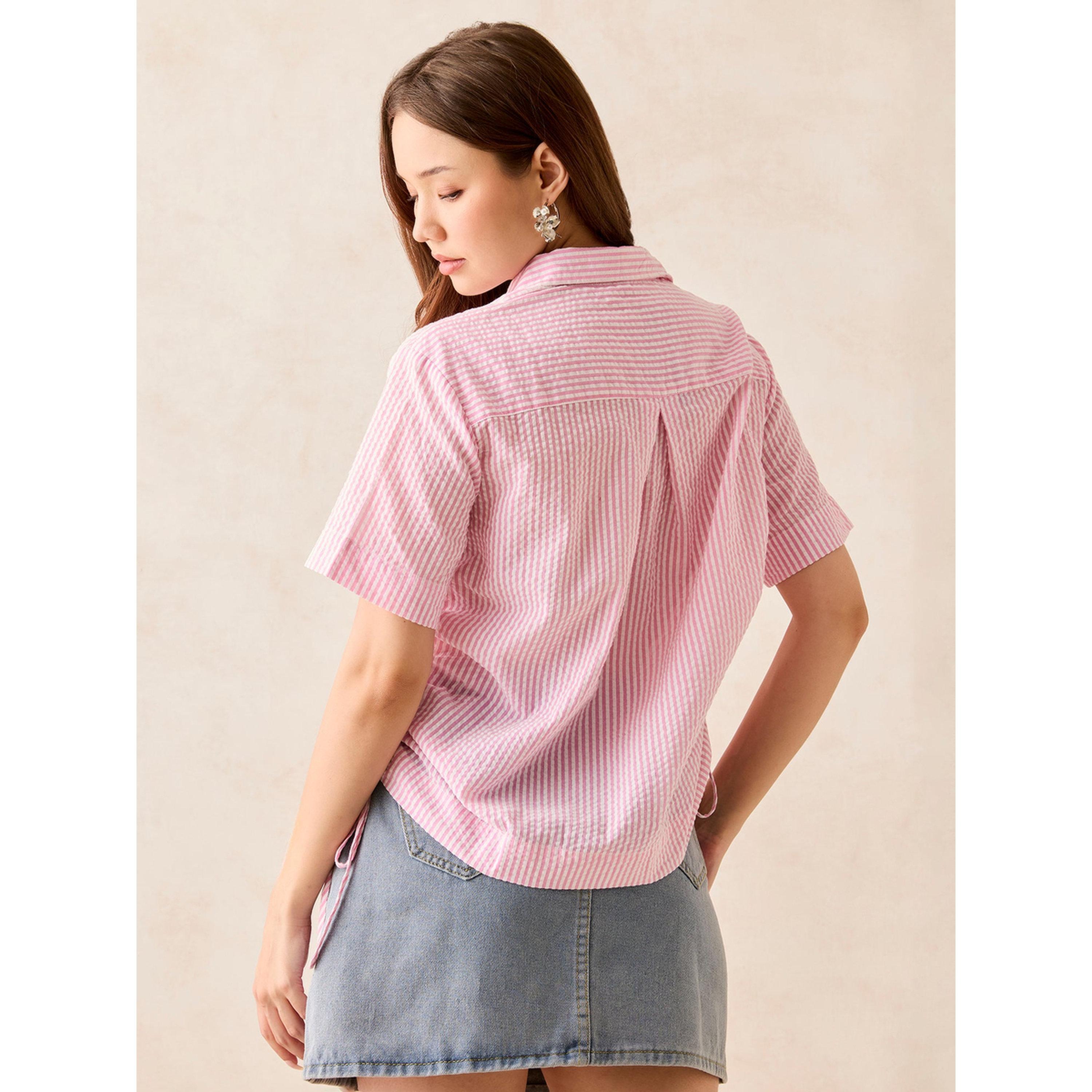 Outzidr X Styli Pink Striped Short Sleeve Shirt with Ruched Sides-women-clothing-shirtsandblouses-shirts-image-2