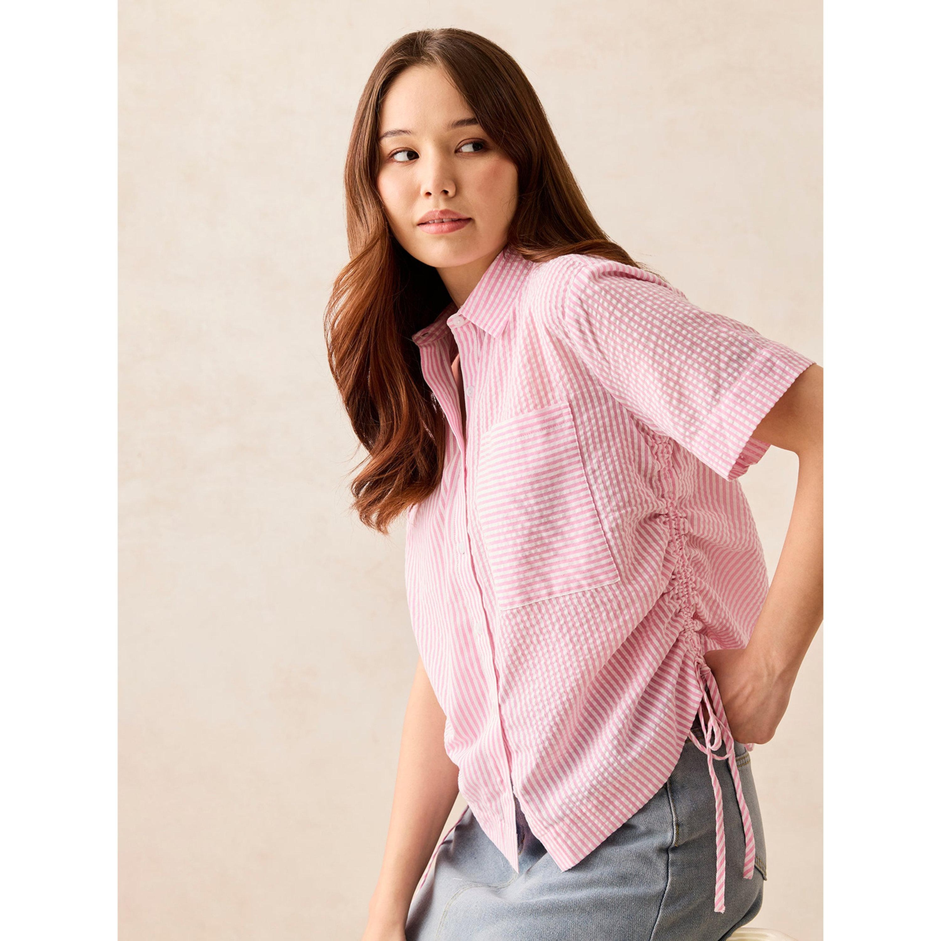 Outzidr X Styli Pink Striped Short Sleeve Shirt with Ruched Sides-women-clothing-shirtsandblouses-shirts-image-3