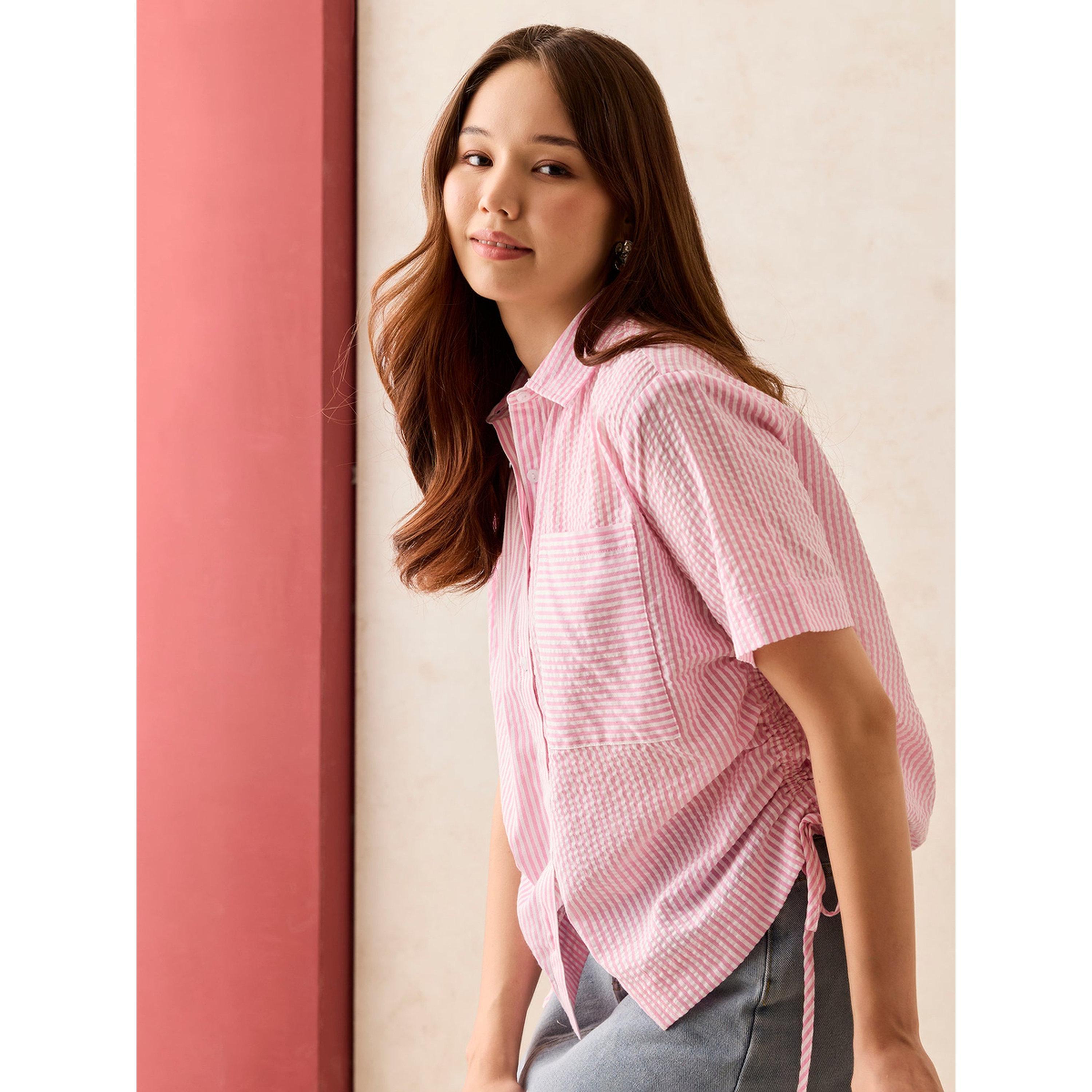 Outzidr X Styli Pink Striped Short Sleeve Shirt with Ruched Sides-women-clothing-shirtsandblouses-shirts-image-4