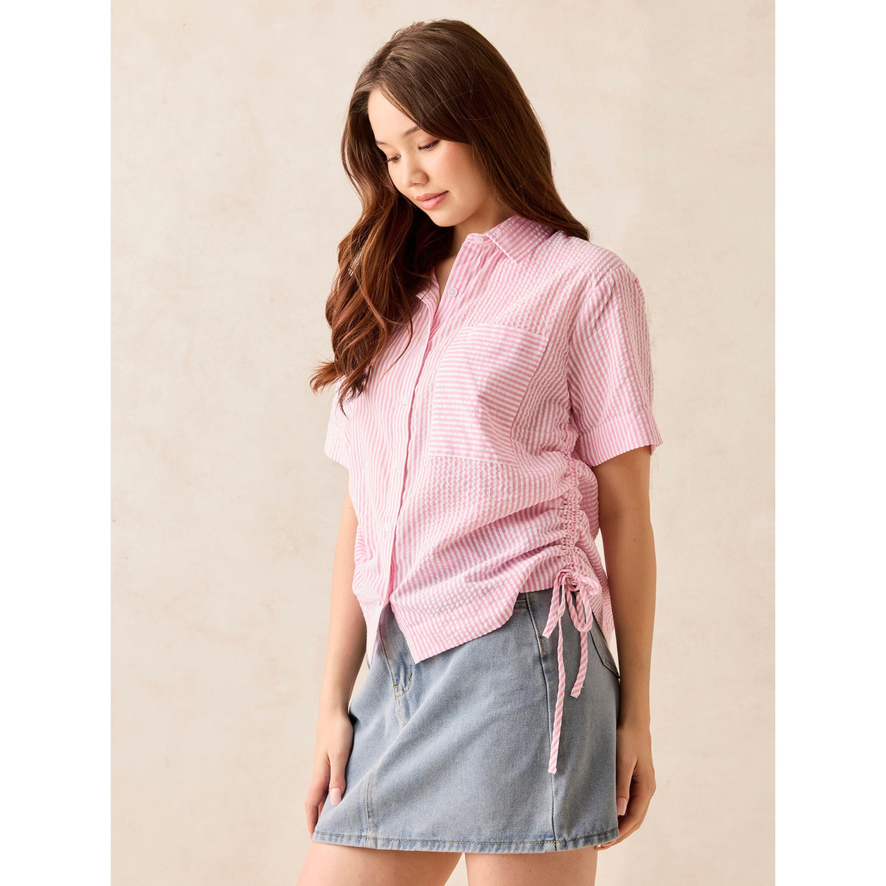 Outzidr X Styli Pink Striped Short Sleeve Shirt with Ruched Sides-women-clothing-shirtsandblouses-shirts-image-5