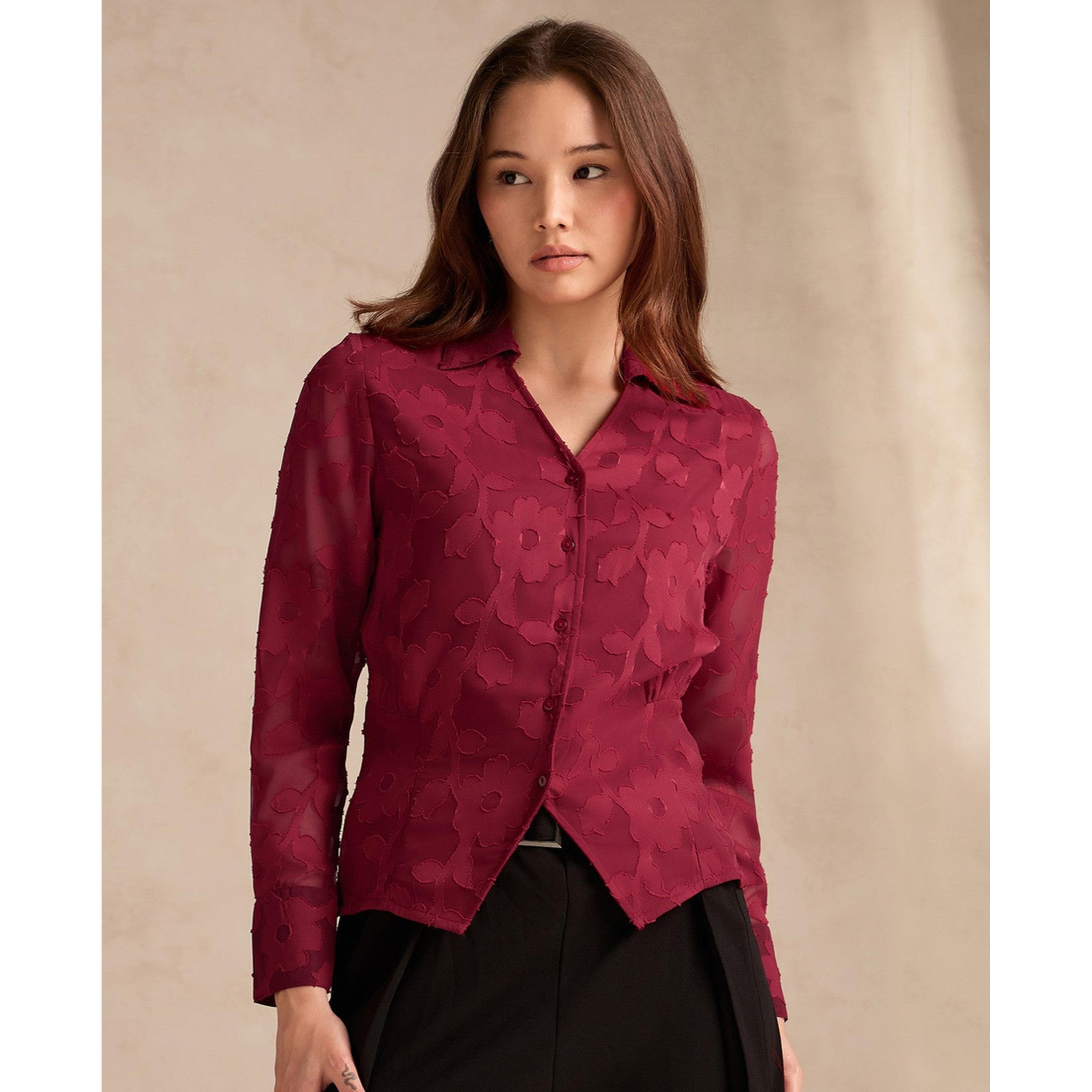 Outzidr X Styli Maroon Long Sleeve Jacquard Shirt-women-clothing-shirtsandblouses-shirts-image-1