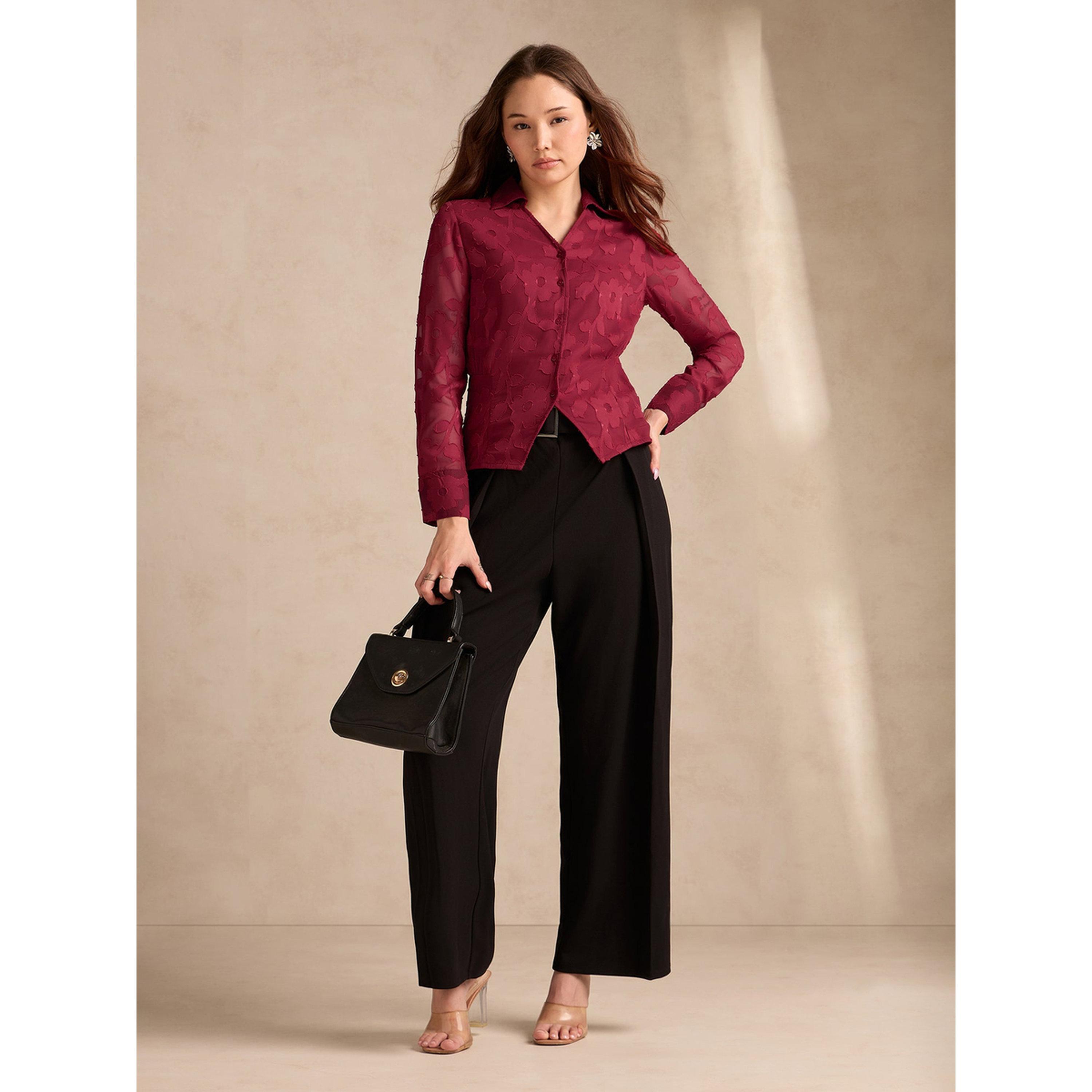 Outzidr X Styli Maroon Long Sleeve Jacquard Shirt-women-clothing-shirtsandblouses-shirts-image-2