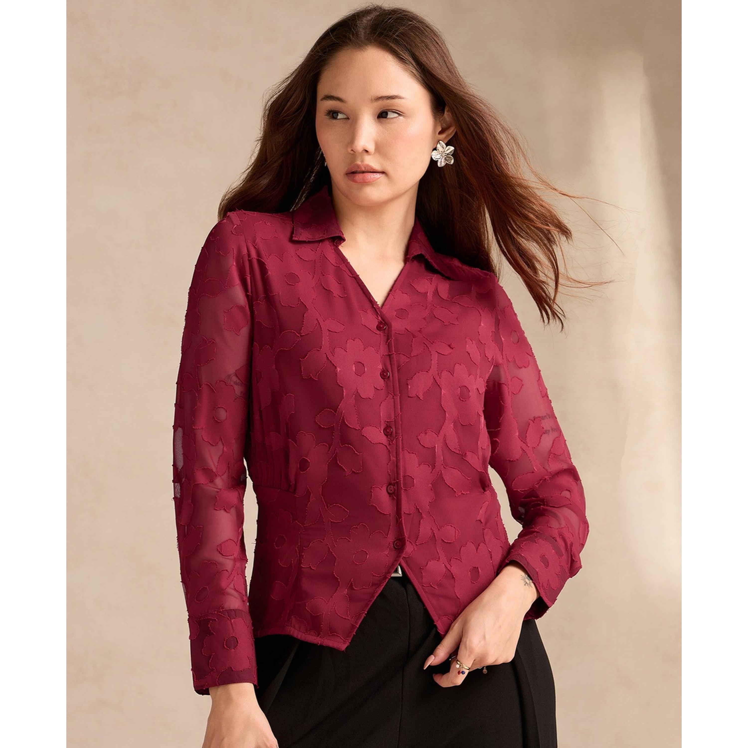 Outzidr X Styli Maroon Long Sleeve Jacquard Shirt-women-clothing-shirtsandblouses-shirts-image-3