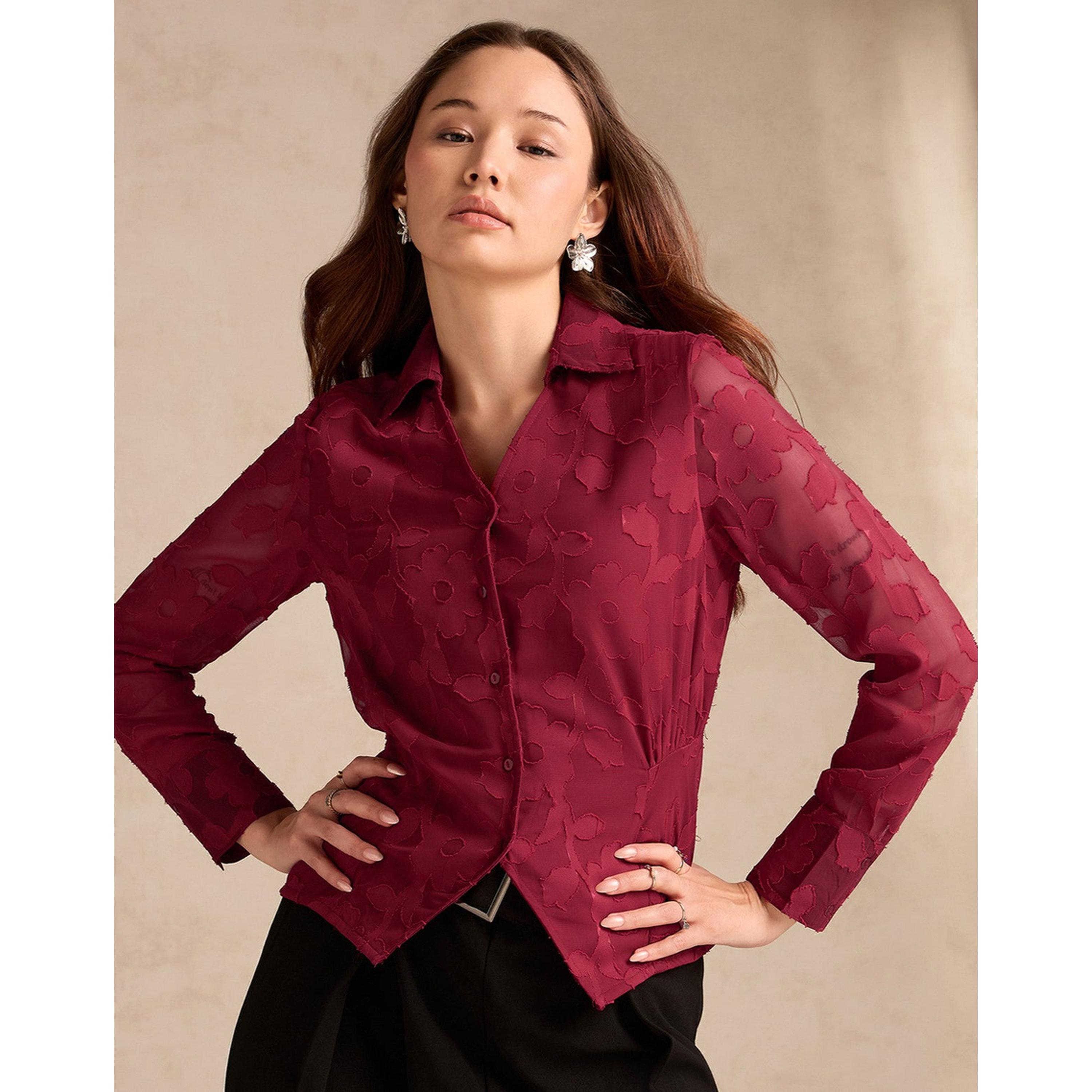 Outzidr X Styli Maroon Long Sleeve Jacquard Shirt-women-clothing-shirtsandblouses-shirts-image-4
