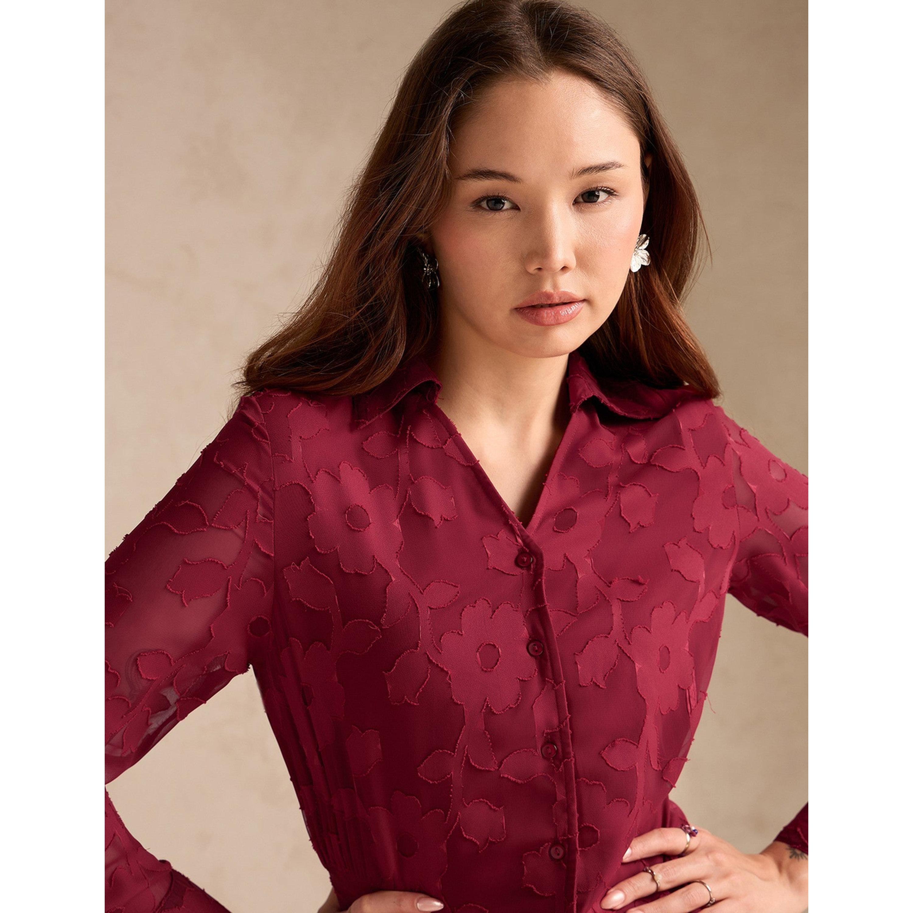 Outzidr X Styli Maroon Long Sleeve Jacquard Shirt-women-clothing-shirtsandblouses-shirts-image-5